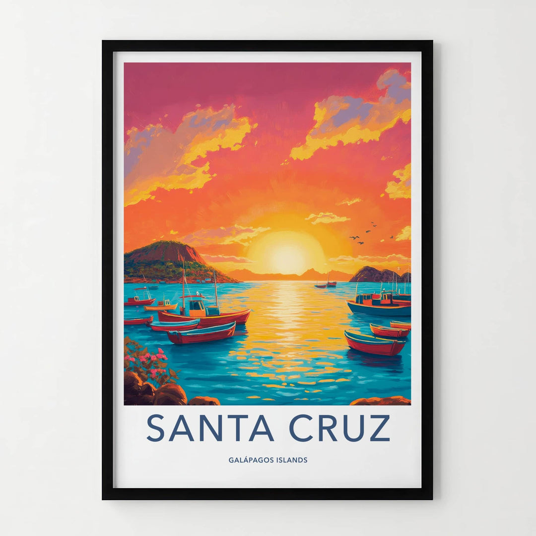 Santa Cruz Poster - Ecuador Travel Art - Boats Sunset Ocean Home Decor