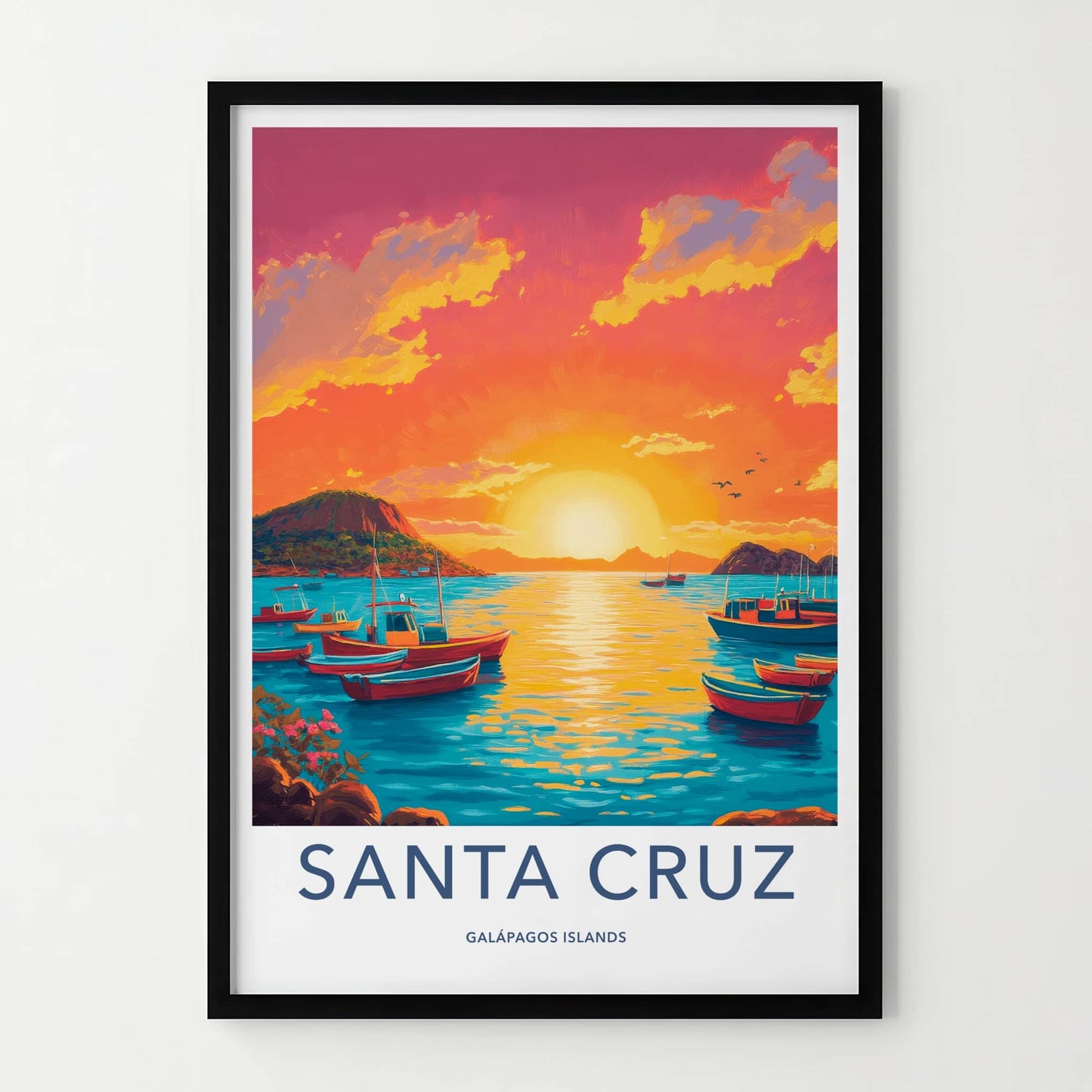 Santa Cruz Poster - Ecuador Travel Art - Boats Sunset Ocean Home Decor