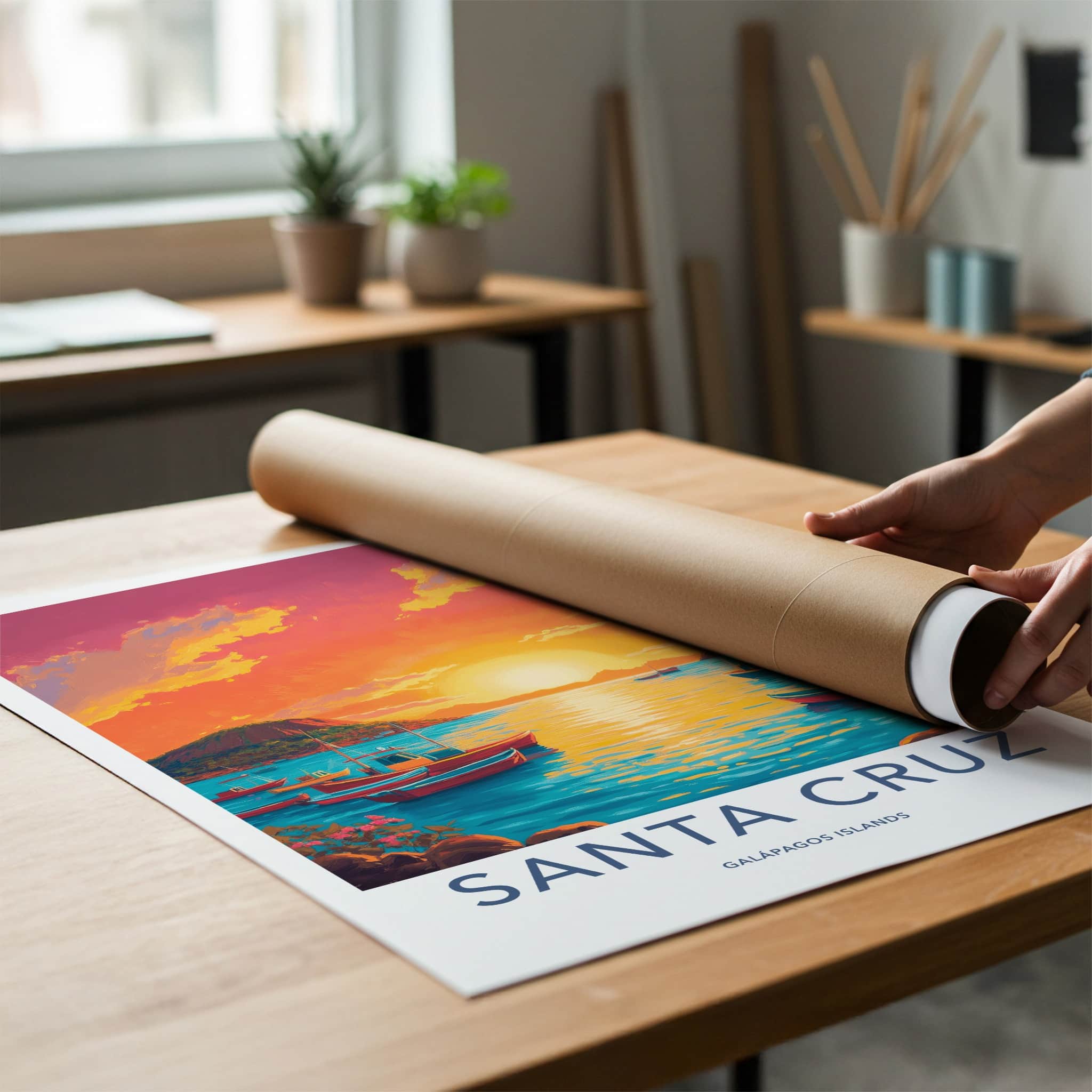 Santa Cruz Poster - Ecuador Travel Art - Boats Sunset Ocean Home Decor