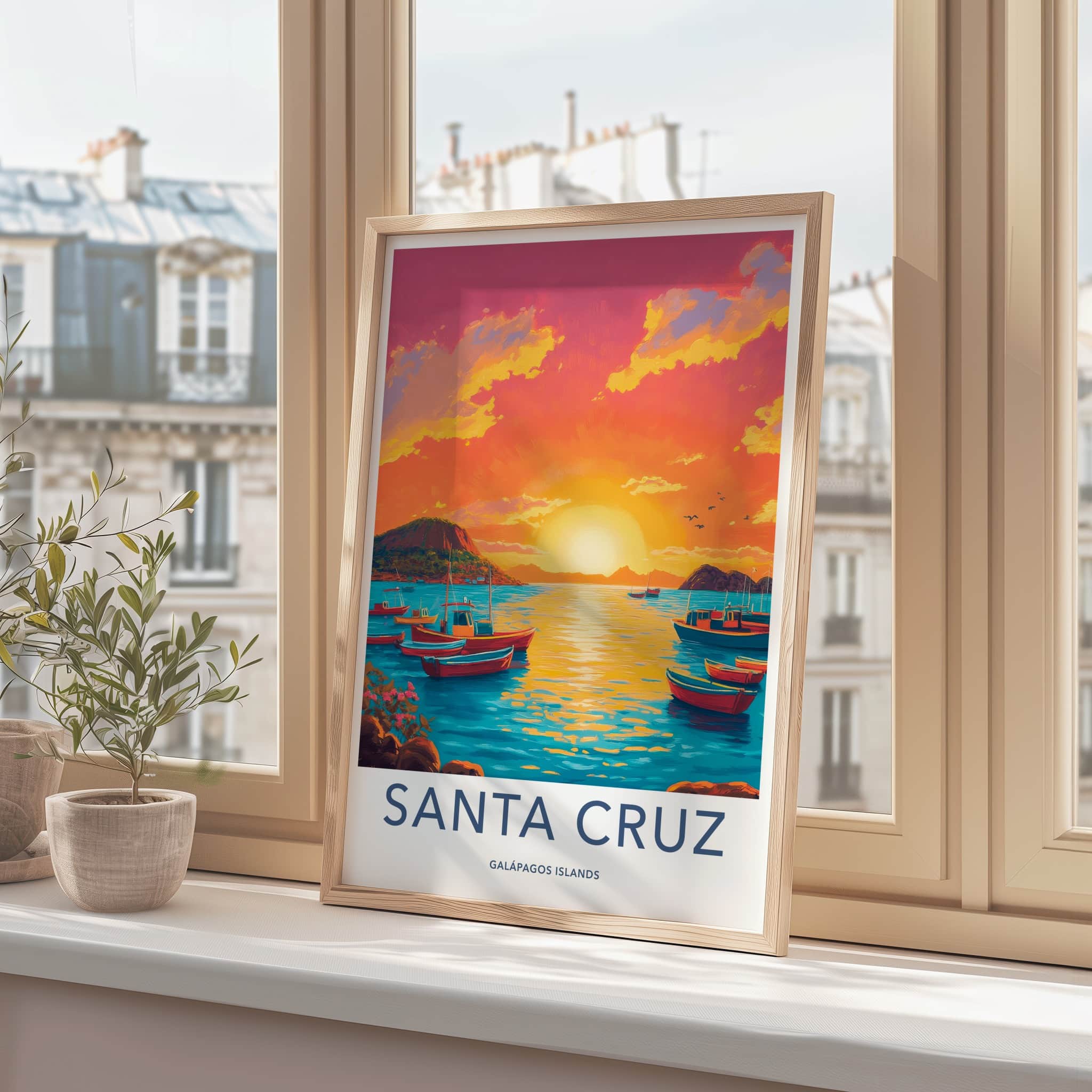 Santa Cruz Poster - Ecuador Travel Art - Boats Sunset Ocean Home Decor