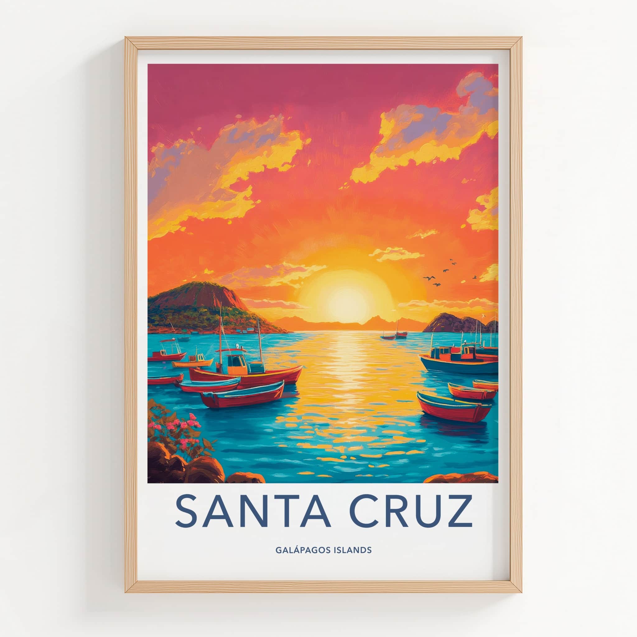 Santa Cruz Poster - Ecuador Travel Art - Boats Sunset Ocean Home Decor