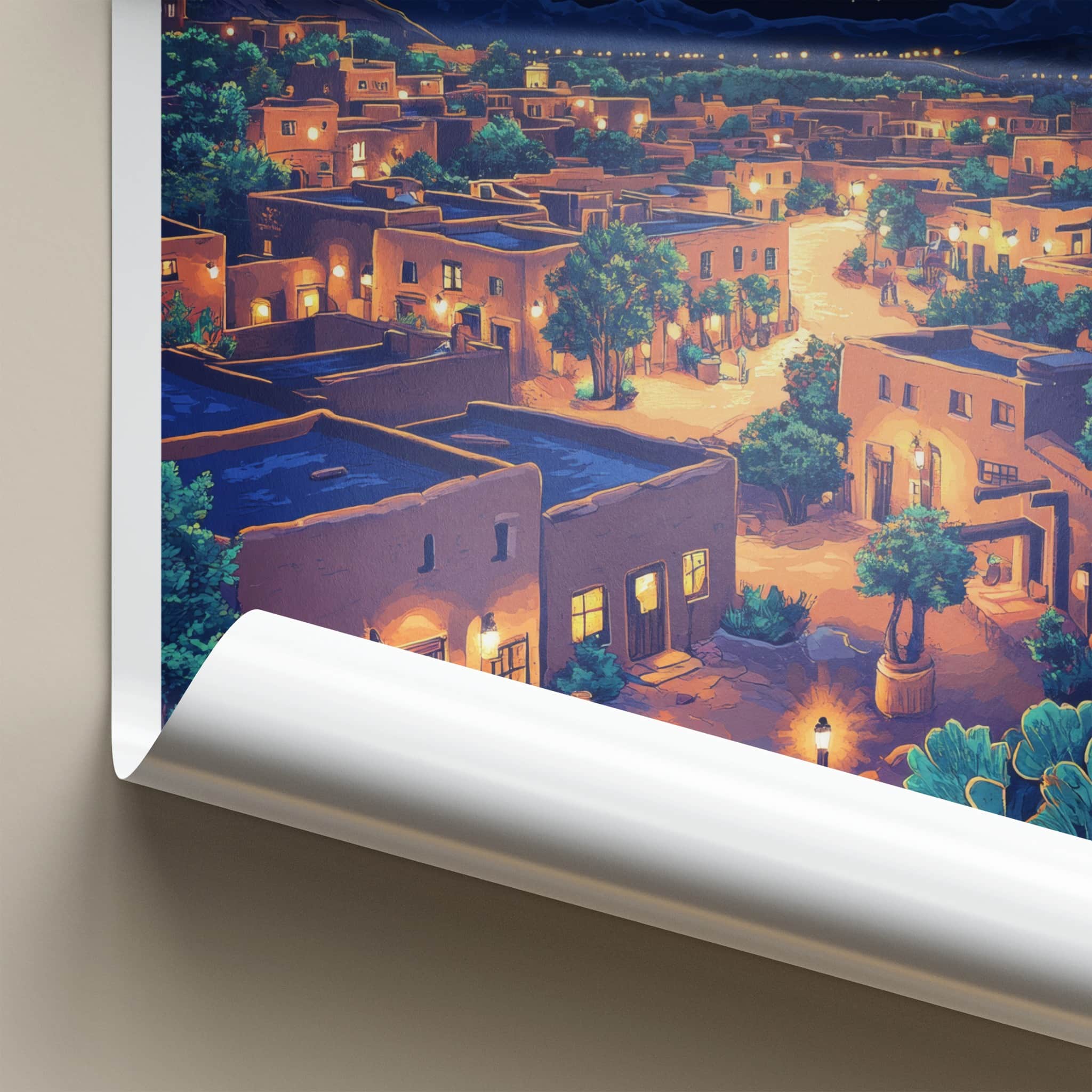Santa Fe Poster - Mexico Travel Art - Moonlit Desert Town Home Decor
