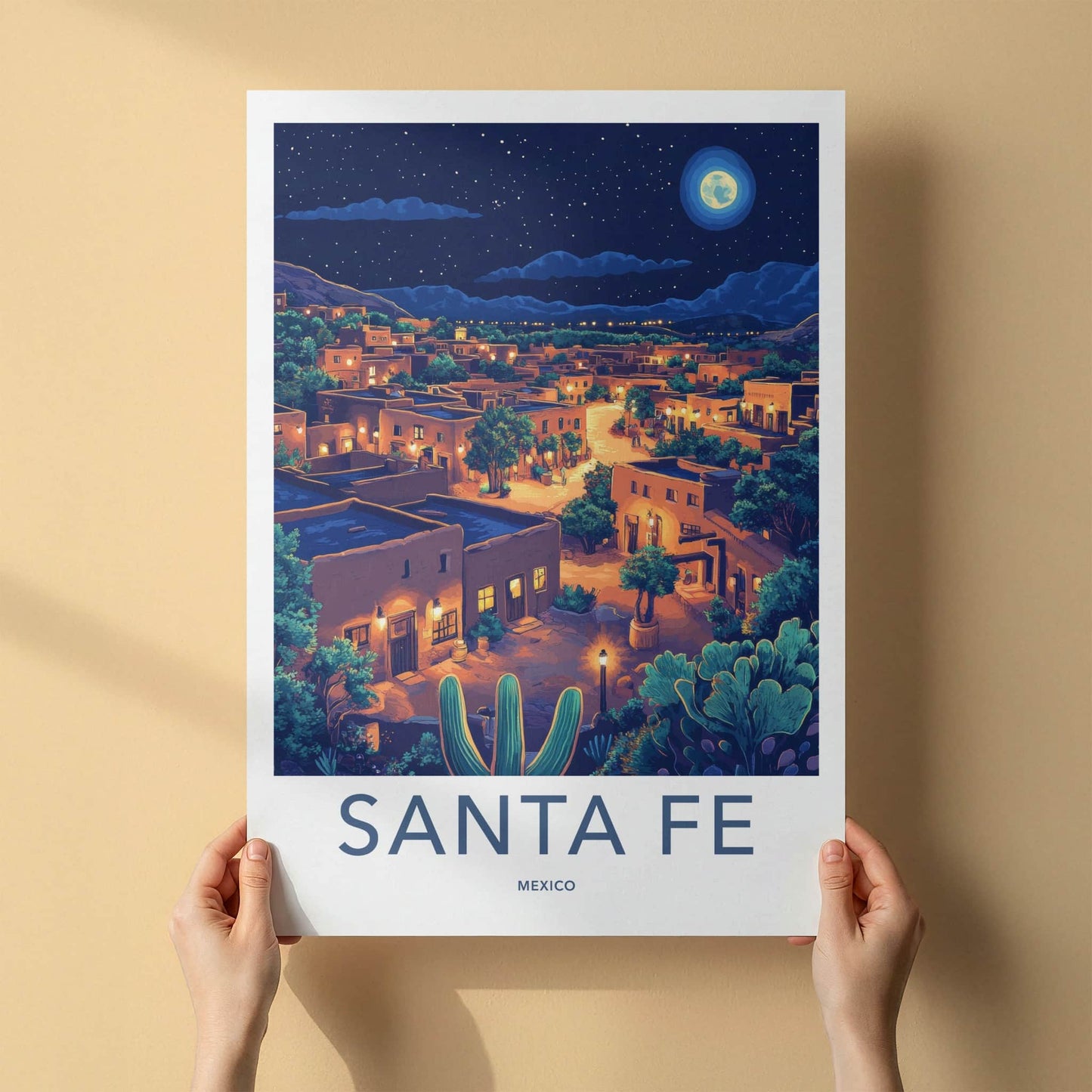 Santa Fe Poster - Mexico Travel Art - Moonlit Desert Town Home Decor