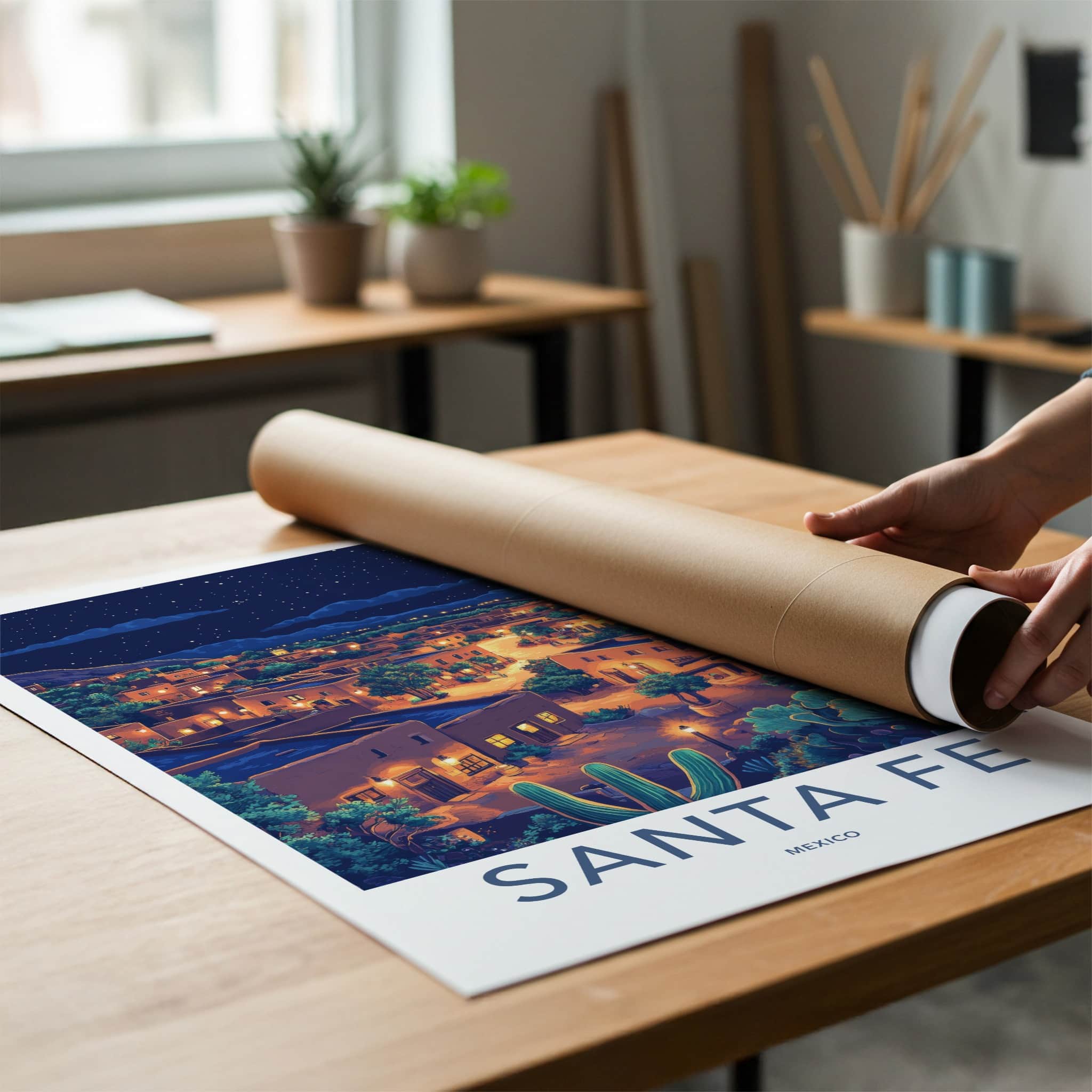 Santa Fe Poster - Mexico Travel Art - Moonlit Desert Town Home Decor