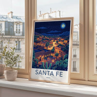 Santa Fe Poster - Mexico Travel Art - Moonlit Desert Town Home Decor