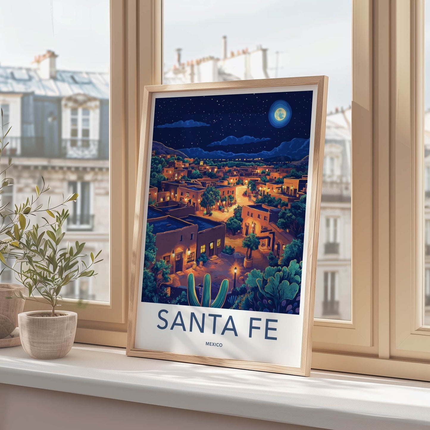 Santa Fe Poster - Mexico Travel Art - Moonlit Desert Town Home Decor