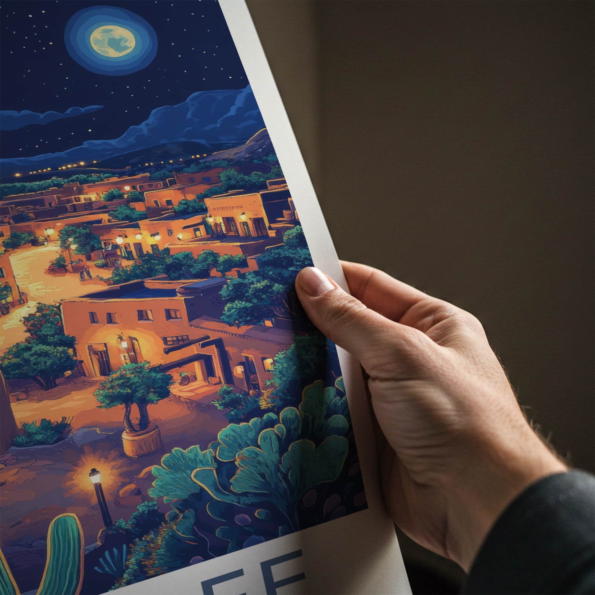 Santa Fe Poster - Mexico Travel Art - Moonlit Desert Town Home Decor