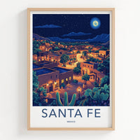 Santa Fe Poster - Mexico Travel Art - Moonlit Desert Town Home Decor