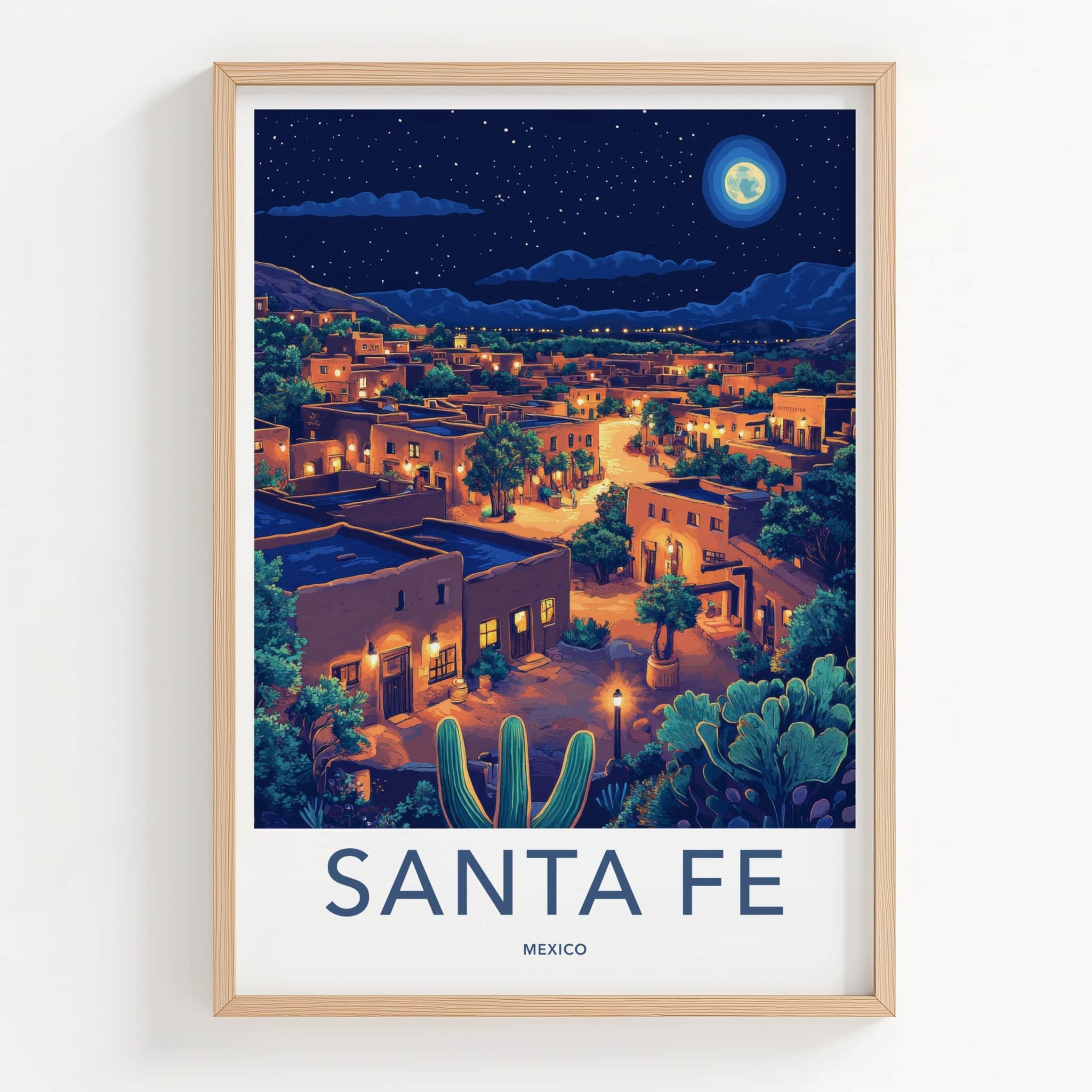 Santa Fe Poster - Mexico Travel Art - Moonlit Desert Town Home Decor