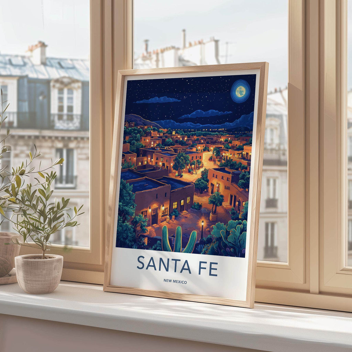 A framed travel-style poster of Santa Fe, New Mexico, leaning on a windowsill in a real interior setting with a plant and city buildings visible outside the window.