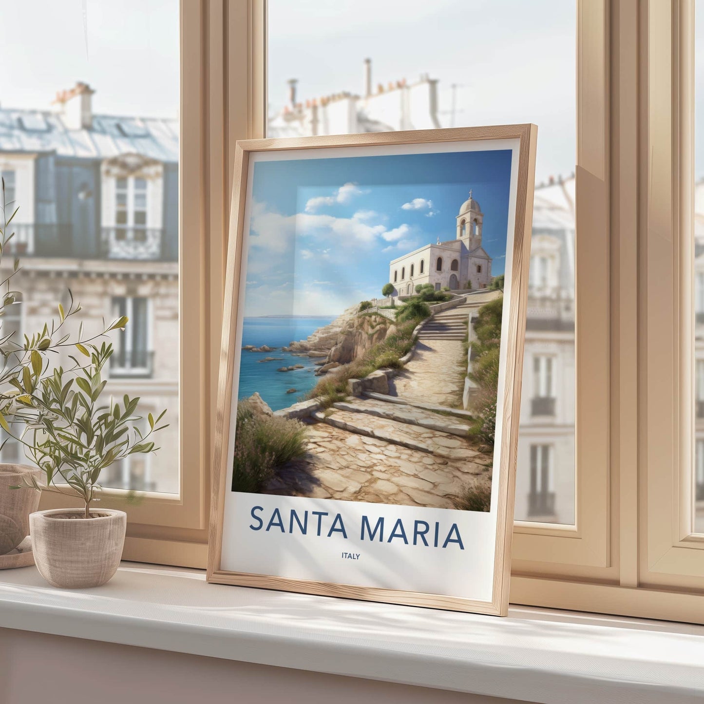 Santa Maria Poster - Italy Travel Art - Coastal Church Pathway Home Decor