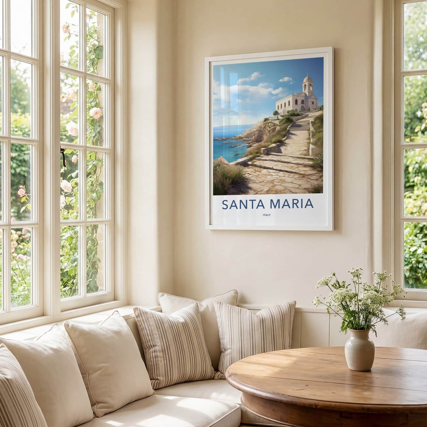 Santa Maria Poster - Italy Travel Art - Coastal Church Pathway Home Decor