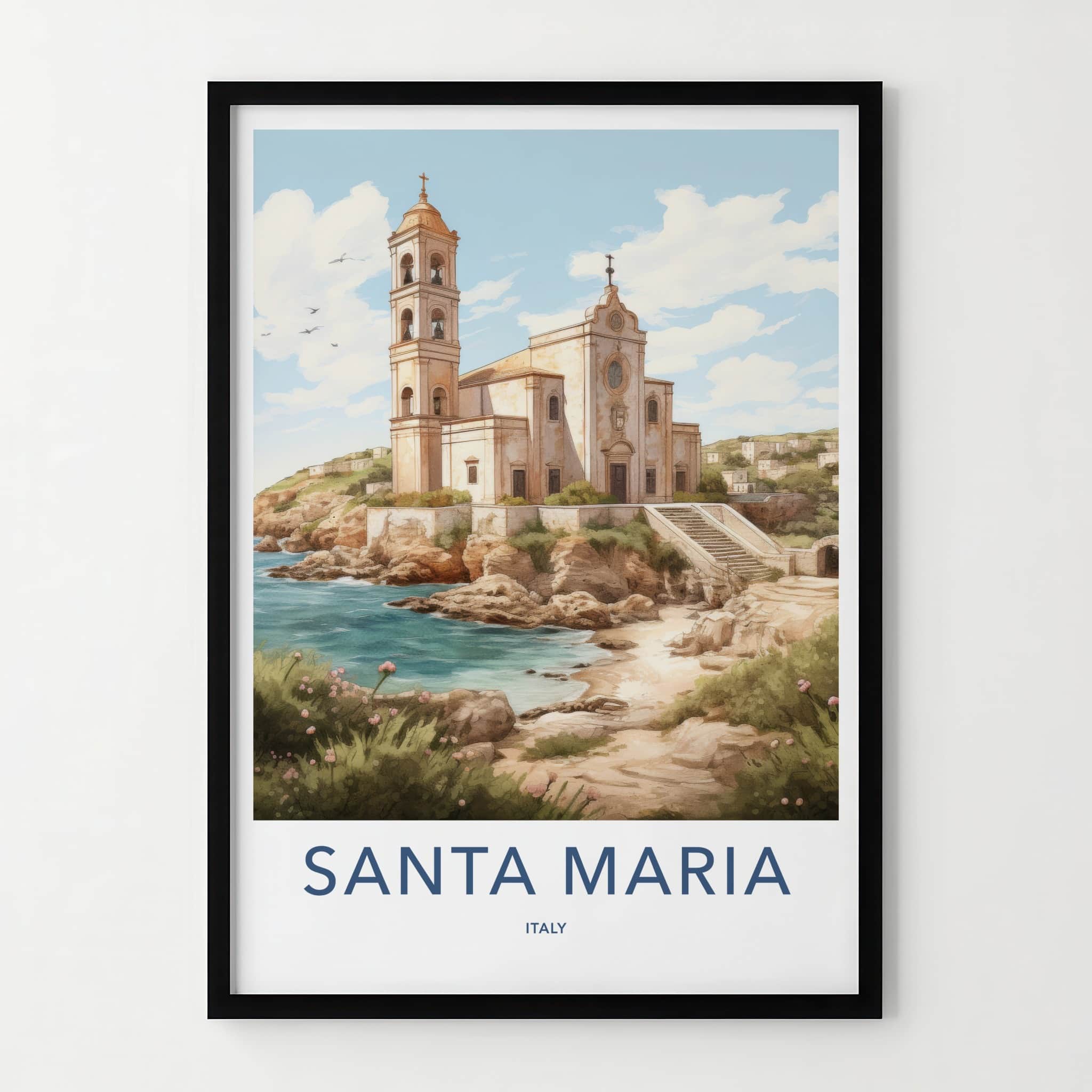 Santa Maria Poster - Italy Travel Art - Historic Cliffside Church Home Decor