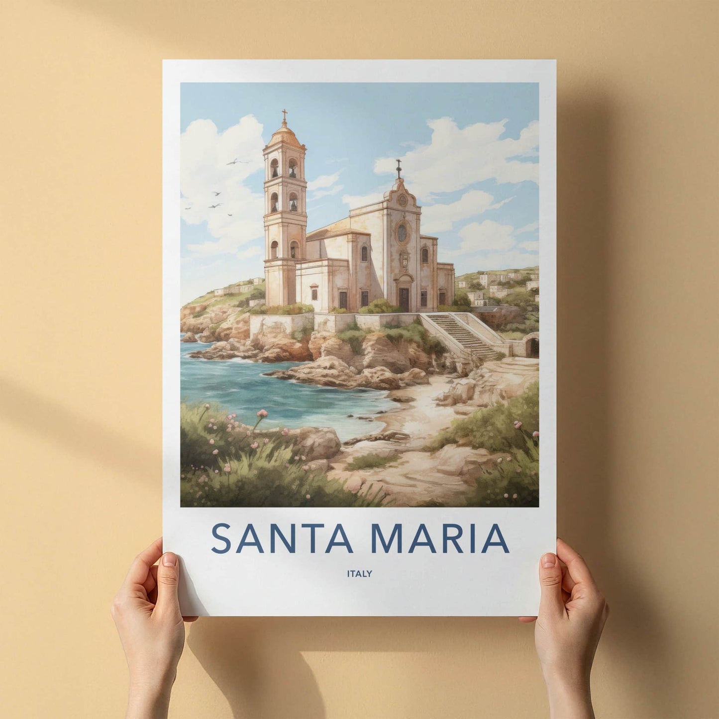 Santa Maria Poster - Italy Travel Art - Historic Cliffside Church Home Decor