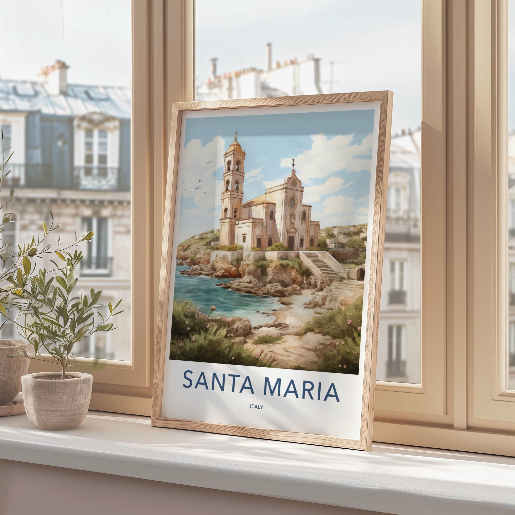 Santa Maria Poster - Italy Travel Art - Historic Cliffside Church Home Decor