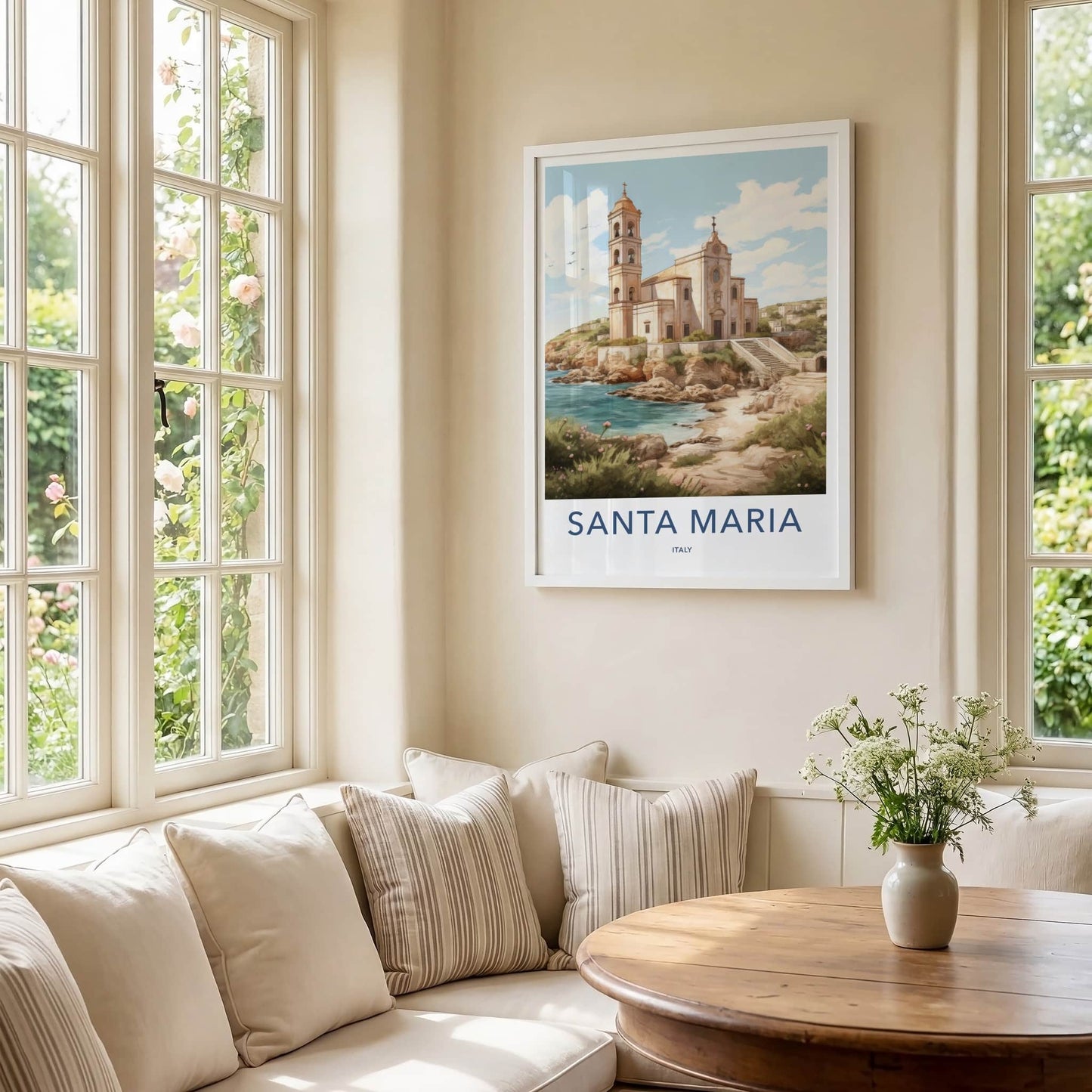 Santa Maria Poster - Italy Travel Art - Historic Cliffside Church Home Decor