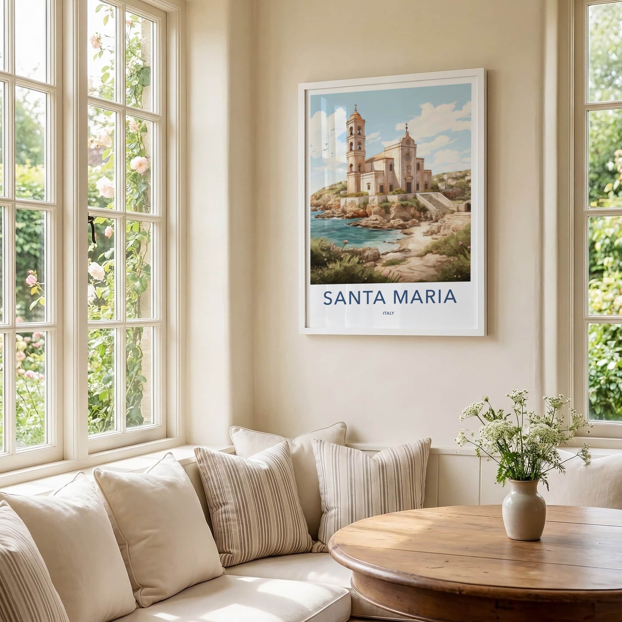 Santa Maria Poster - Italy Travel Art - Historic Cliffside Church Home Decor