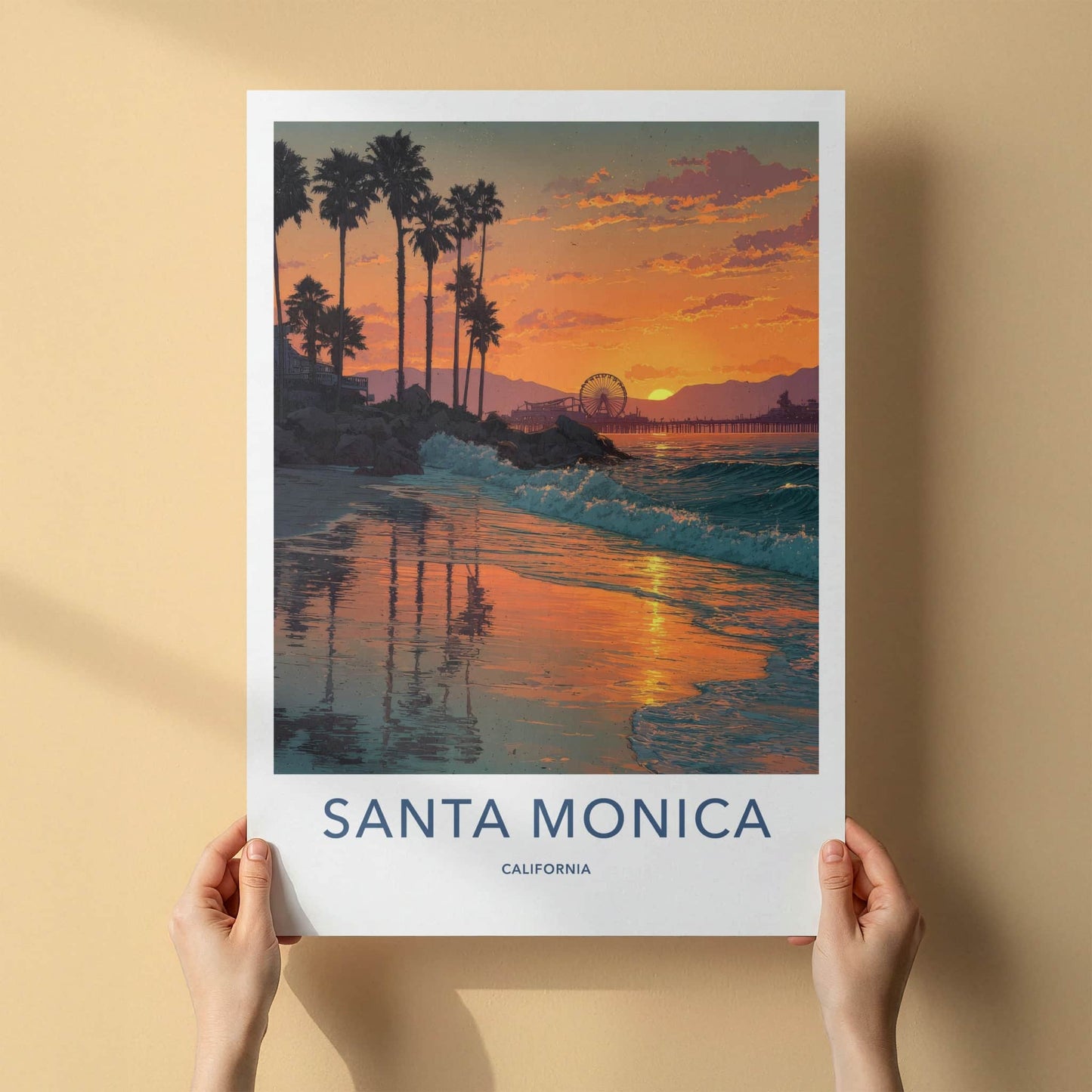 Santa Monica Poster - California Travel Print - Sunset Palm Waves Home Decor