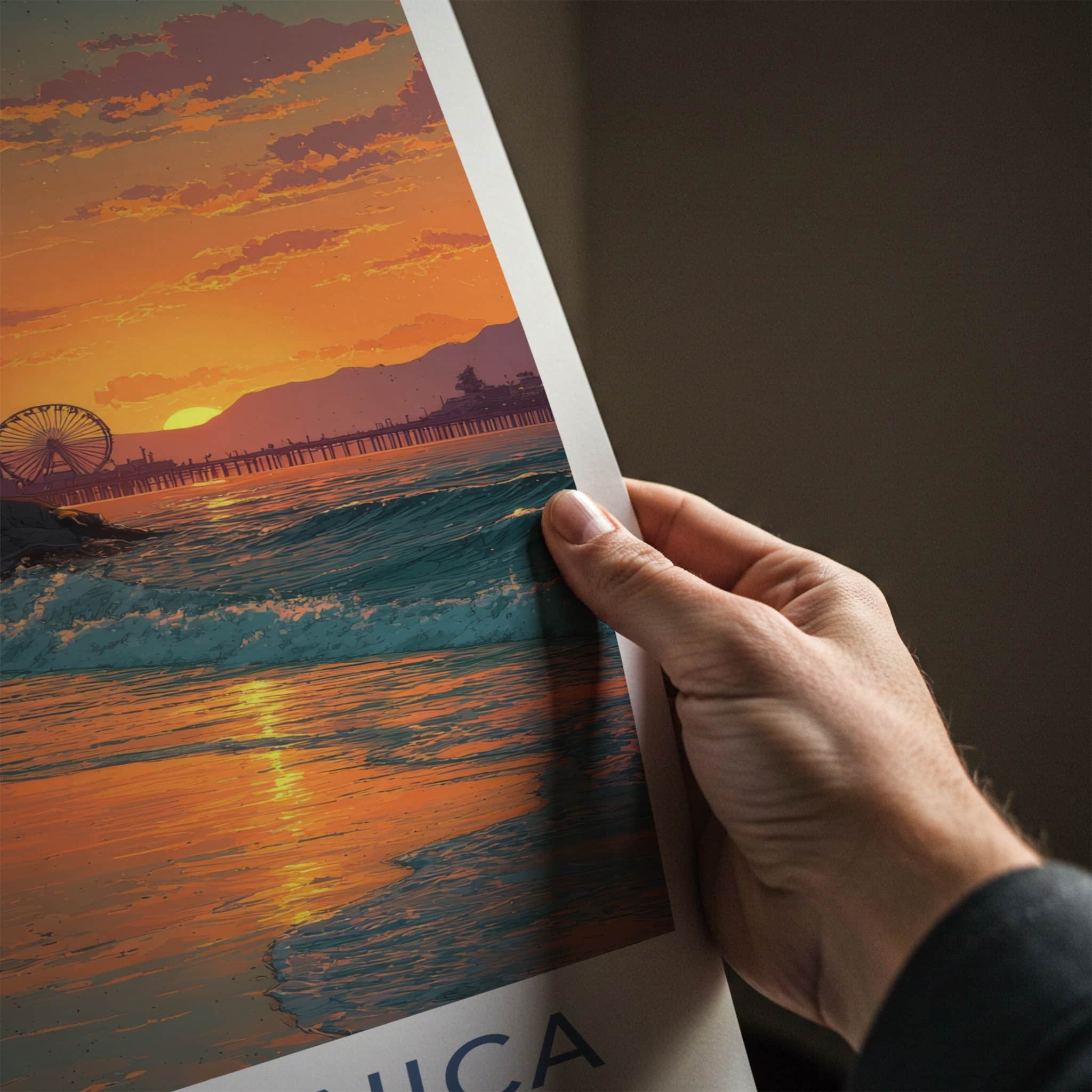 Santa Monica Poster - California Travel Print - Sunset Palm Waves Home Decor