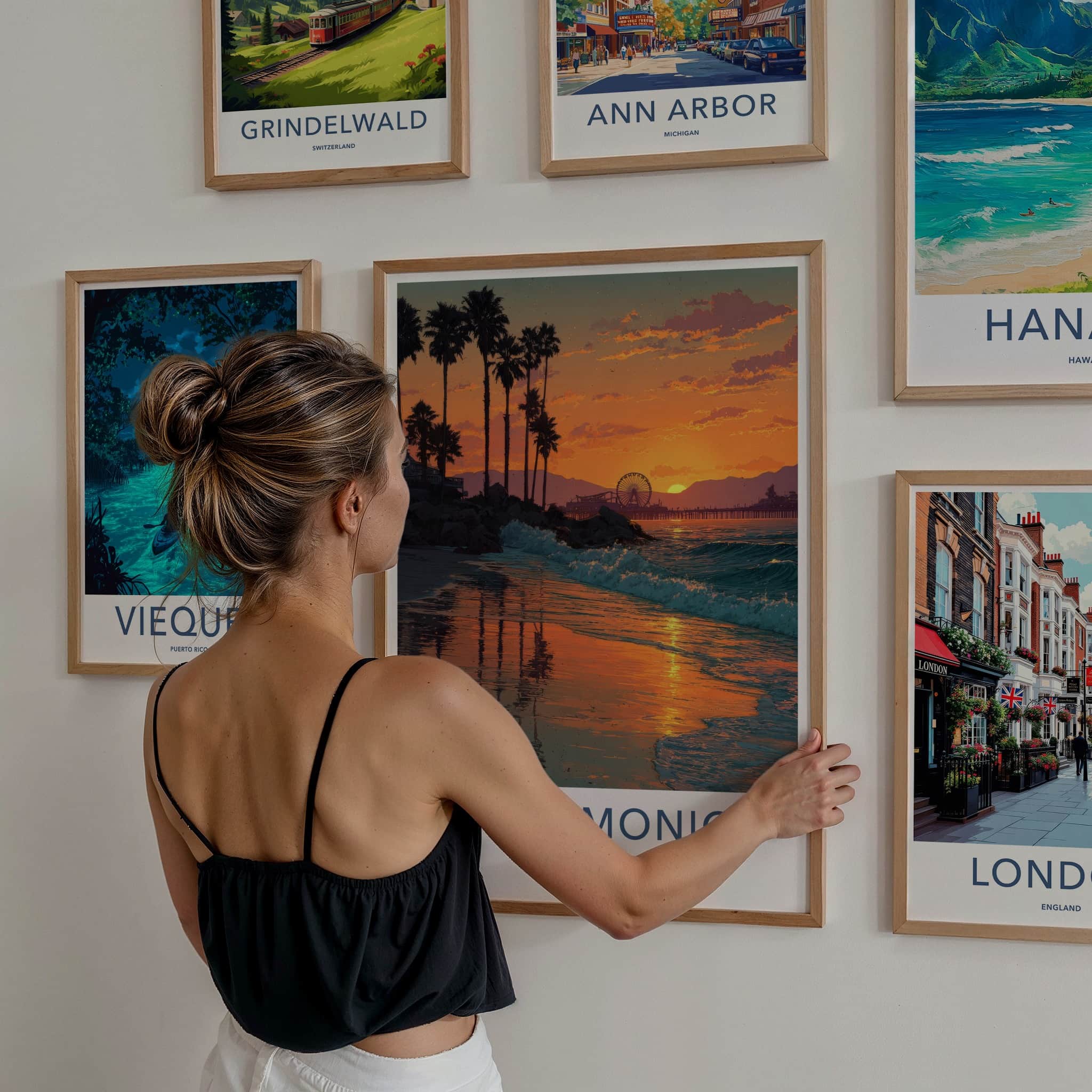 Santa Monica Poster - California Travel Print - Sunset Palm Waves Home Decor