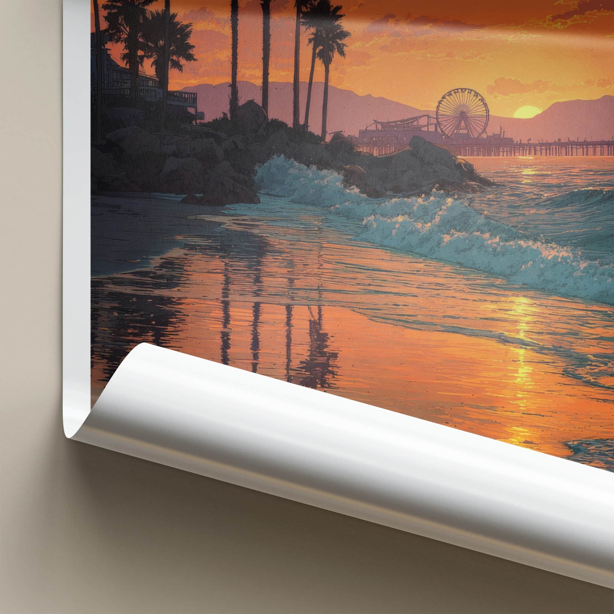 Santa Monica Poster - California Travel Print - Sunset Palm Waves Home Decor