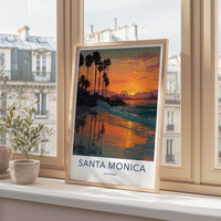 Santa Monica Poster - California Travel Print - Sunset Palm Waves Home Decor