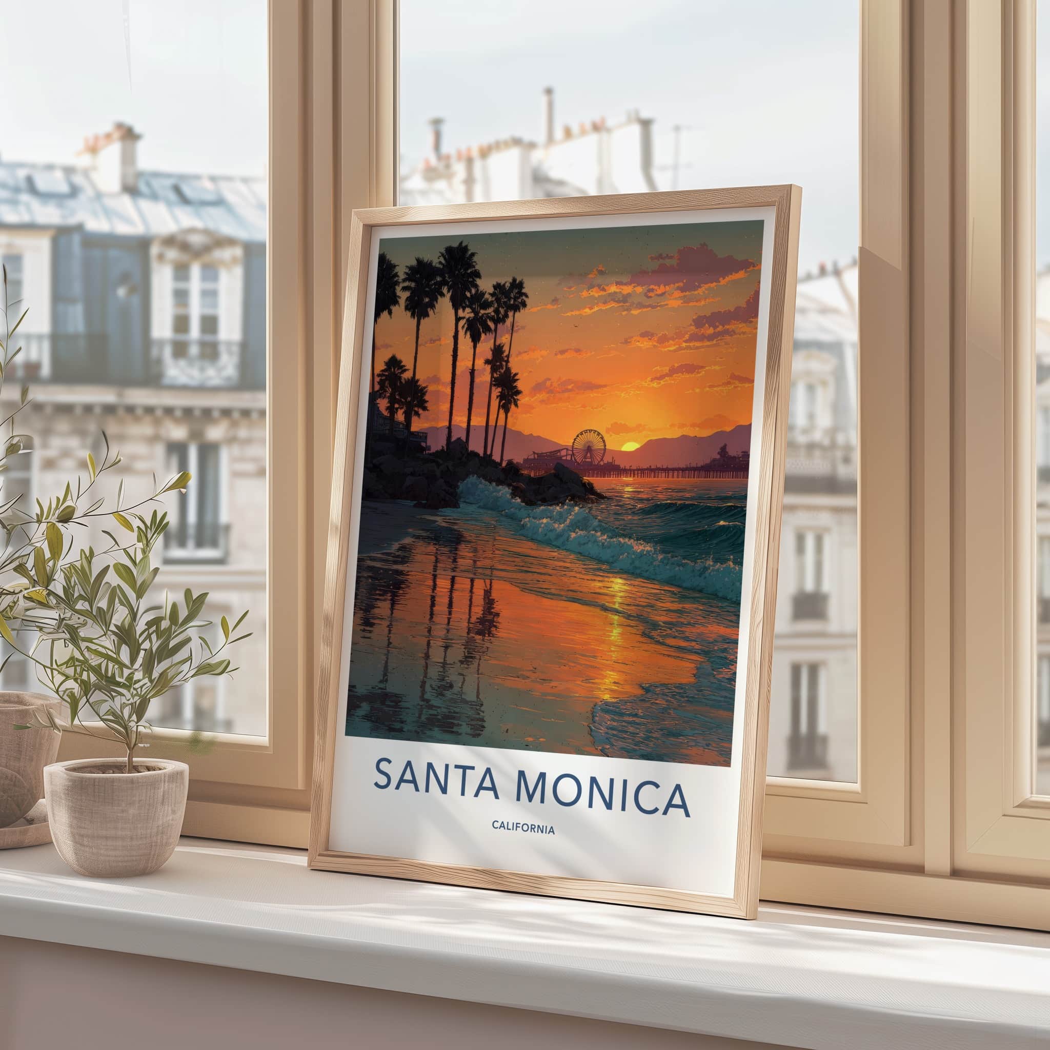 Santa Monica Poster - California Travel Print - Sunset Palm Waves Home Decor