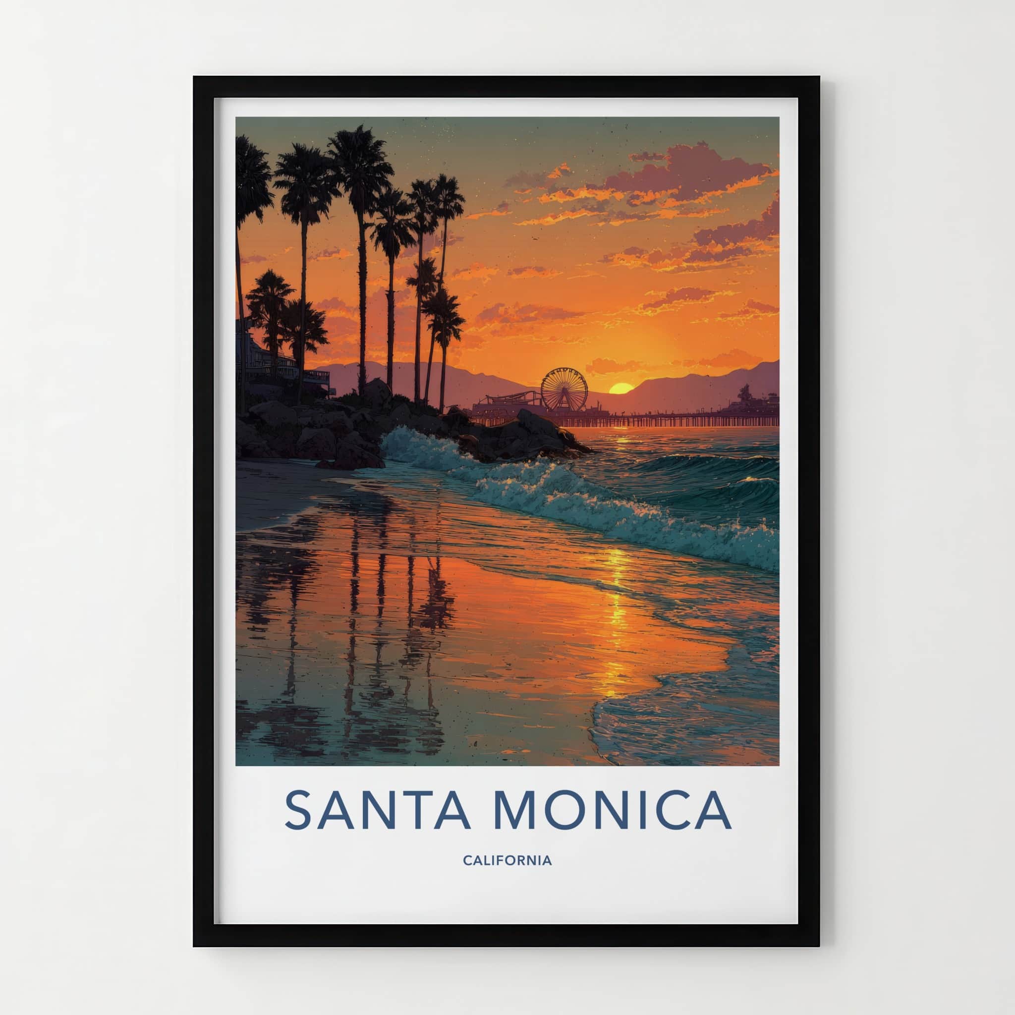 Santa Monica Poster - California Travel Print - Sunset Palm Waves Home Decor