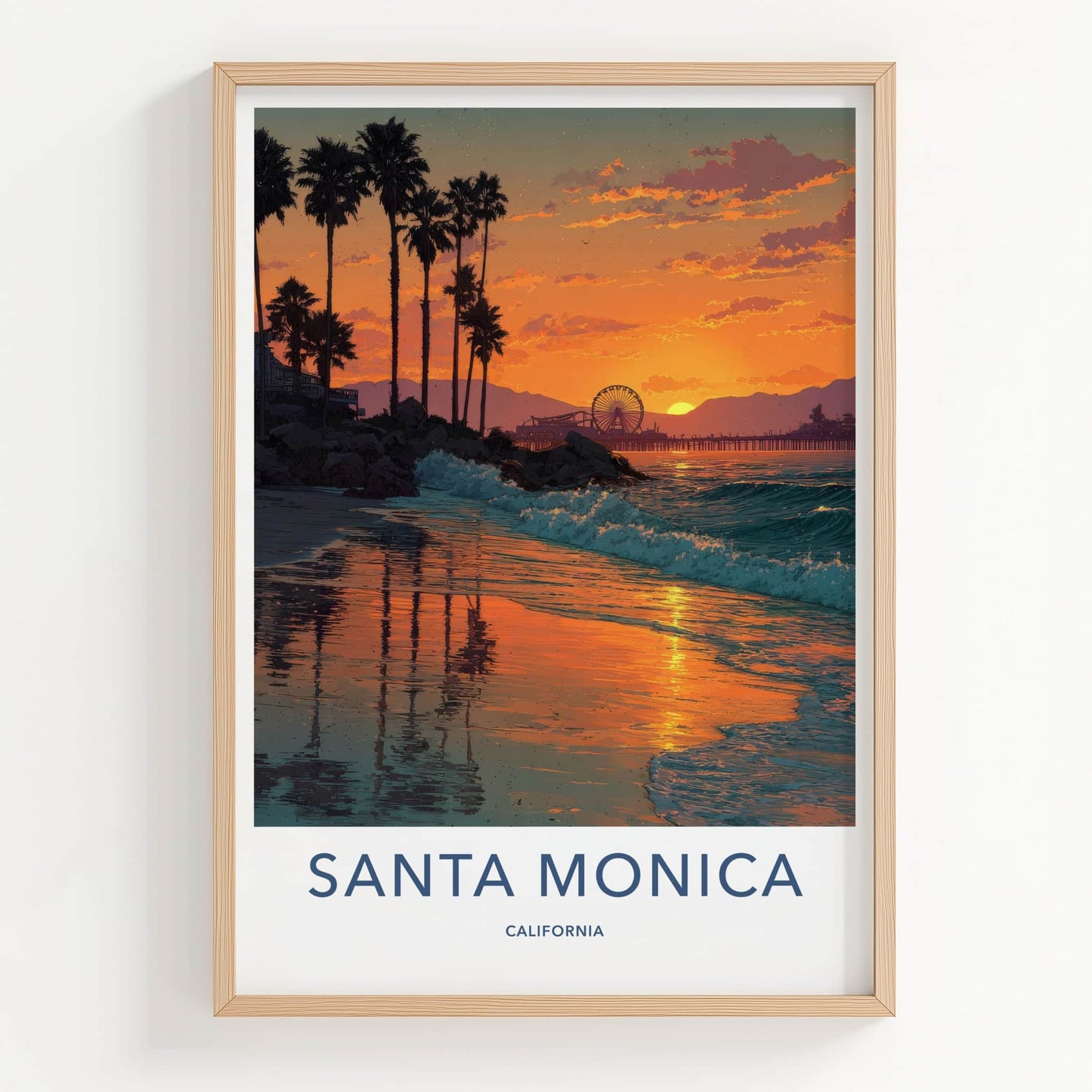 Santa Monica Poster - California Travel Print - Sunset Palm Waves Home Decor