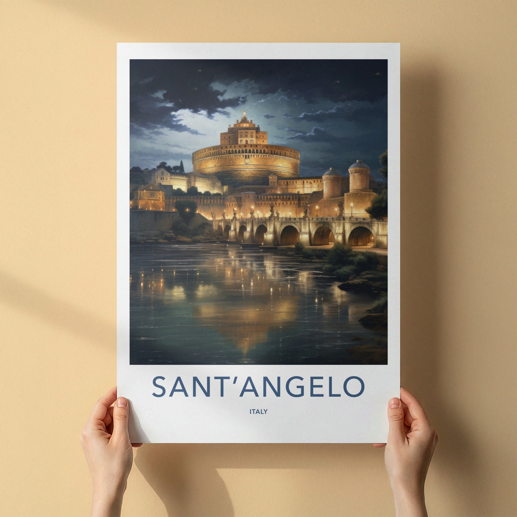 SantAngelo Poster - Italy Travel Art - Illuminated River Bridge Home Decor