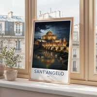 SantAngelo Poster - Italy Travel Art - Illuminated River Bridge Home Decor