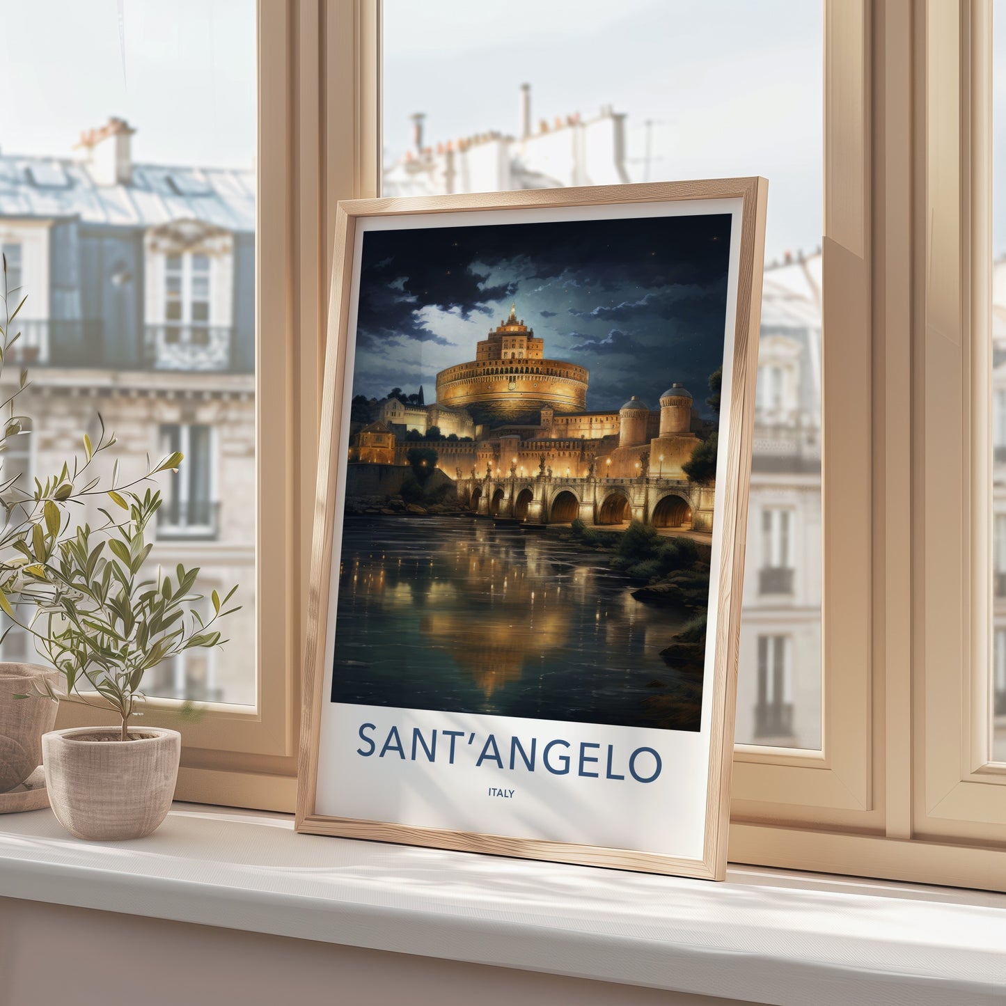 SantAngelo Poster - Italy Travel Art - Illuminated River Bridge Home Decor