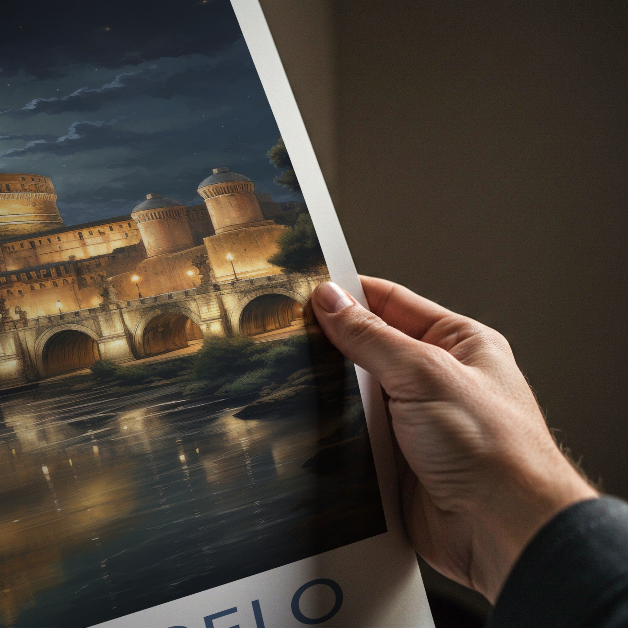 SantAngelo Poster - Italy Travel Art - Illuminated River Bridge Home Decor