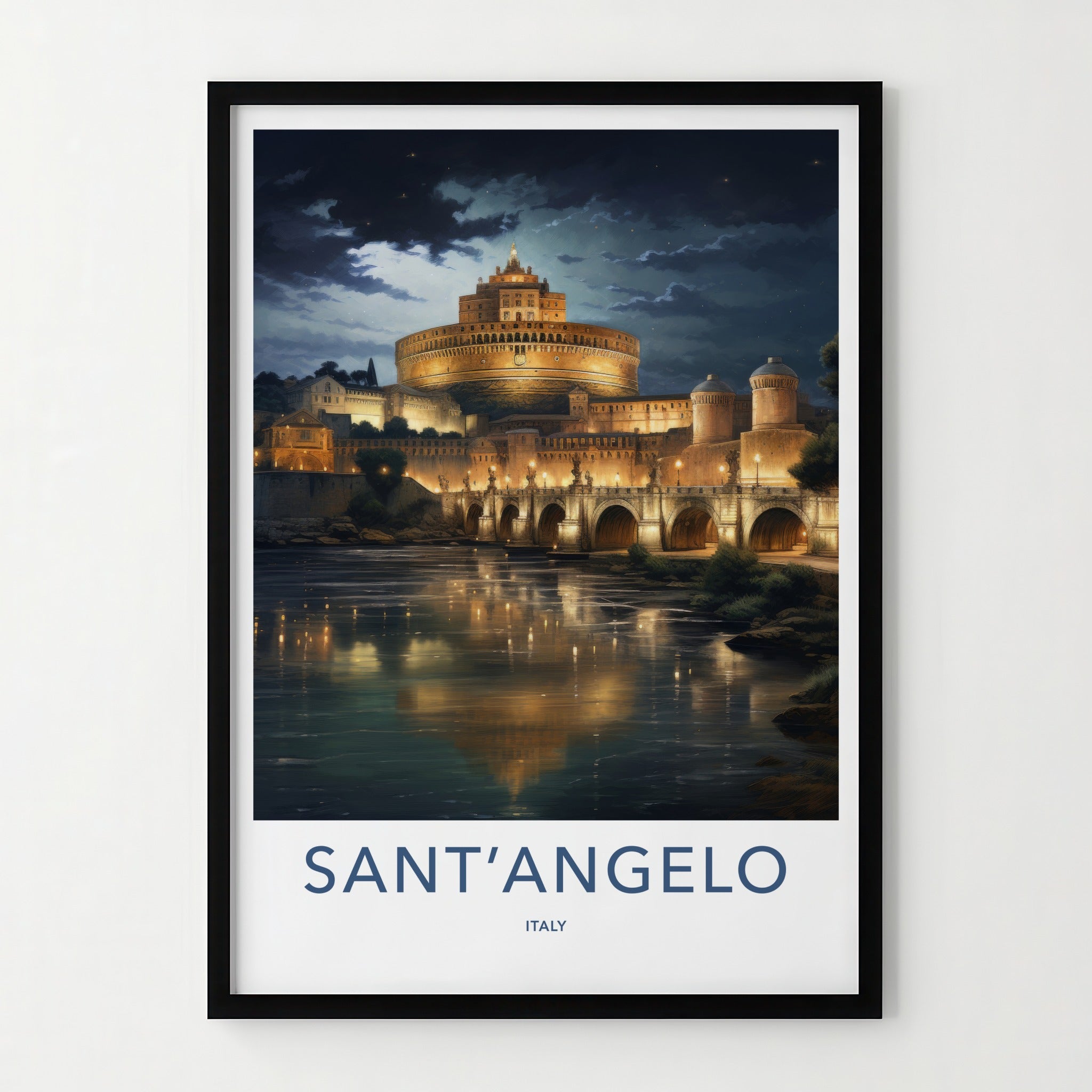 SantAngelo Poster - Italy Travel Art - Illuminated River Bridge Home Decor