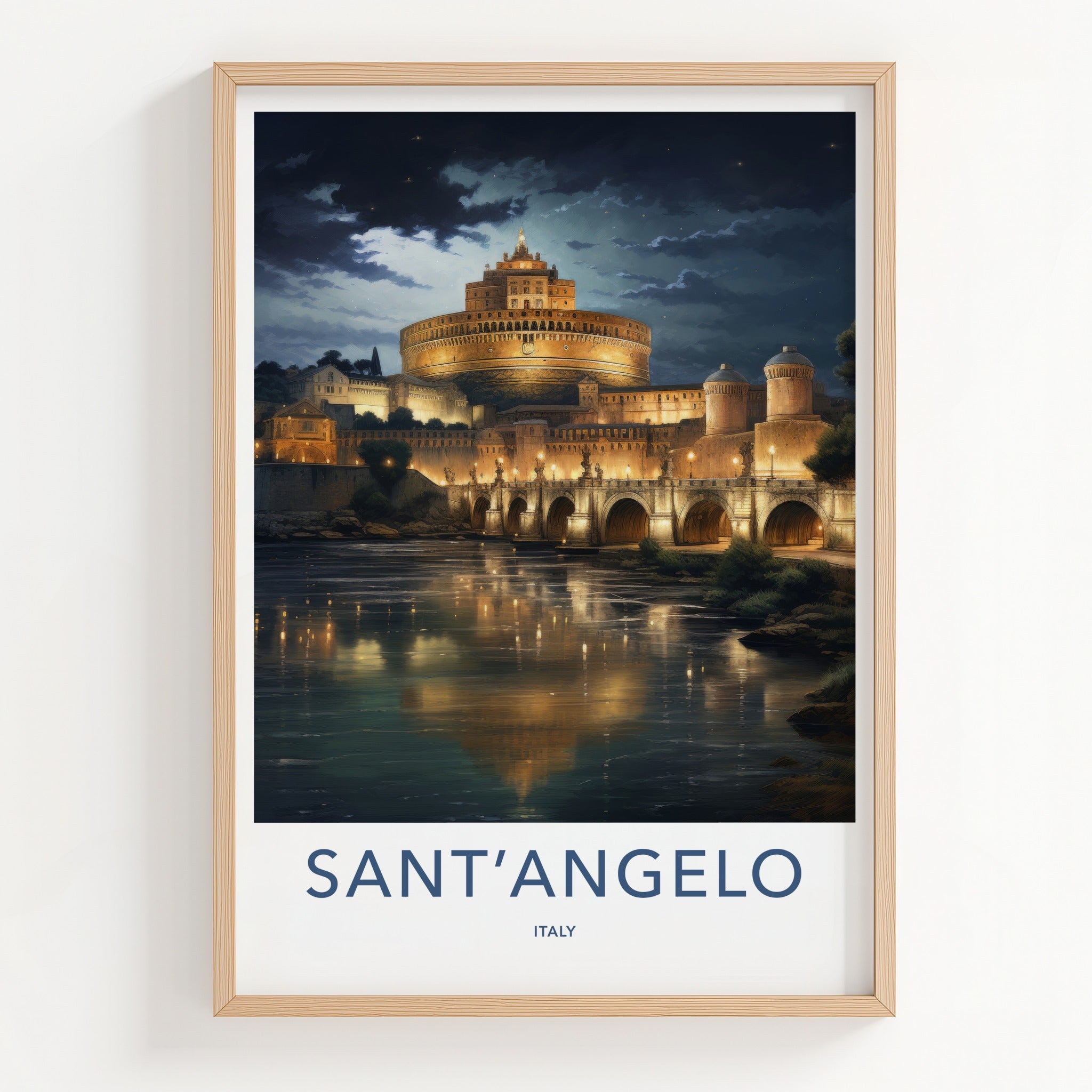 SantAngelo Poster - Italy Travel Art - Illuminated River Bridge Home Decor