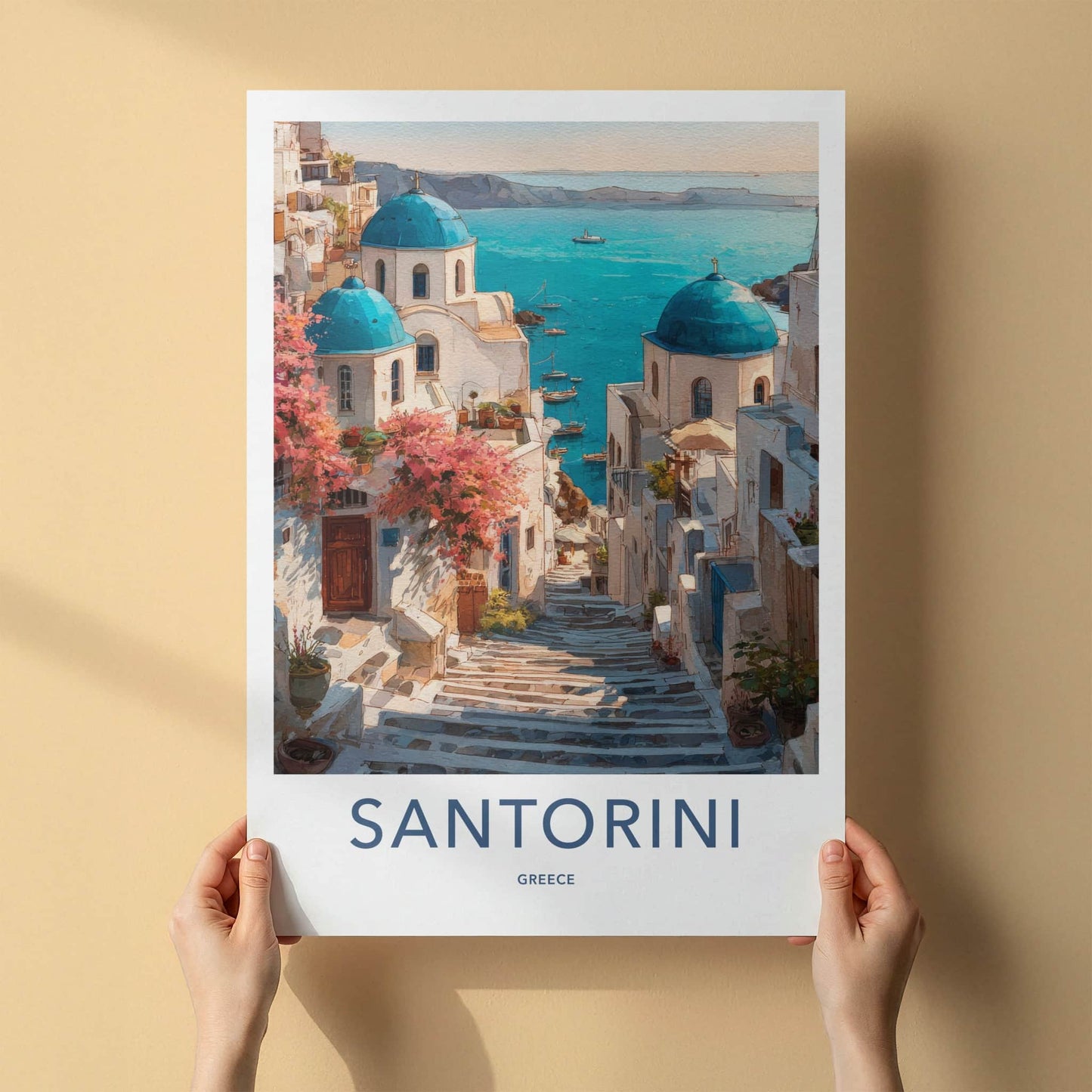 Santorini Poster - Greece Travel Art - Blue Domes Steps Gallery Art