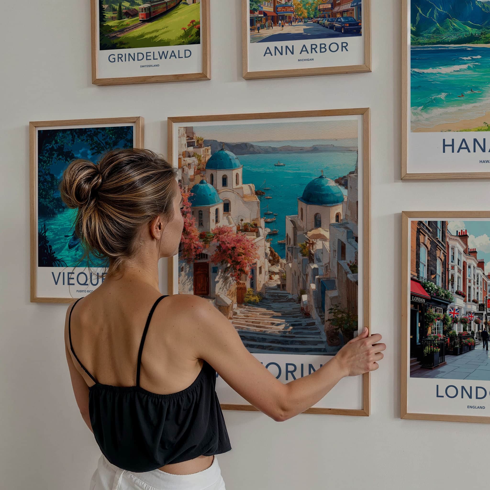 Santorini Poster - Greece Travel Art - Blue Domes Steps Gallery Art