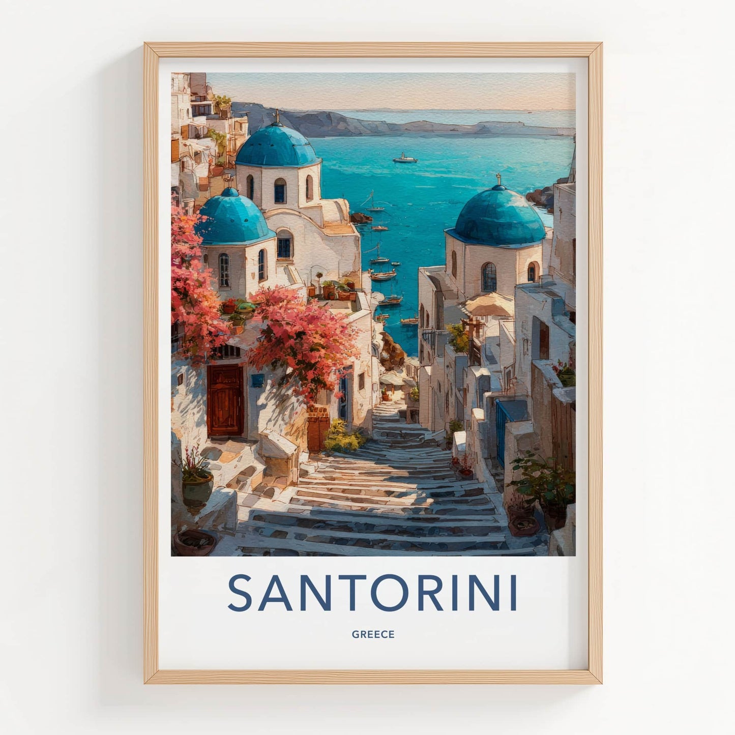 Santorini Poster - Greece Travel Art - Blue Domes Steps Gallery Art