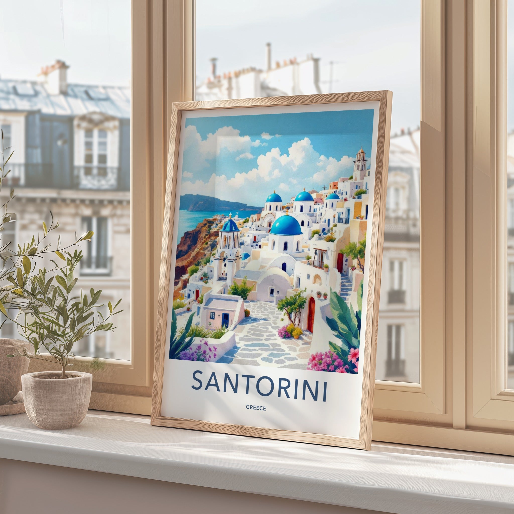 Santorini Poster - Greece Travel Art - Coastal Hillside Mediterranean Decor