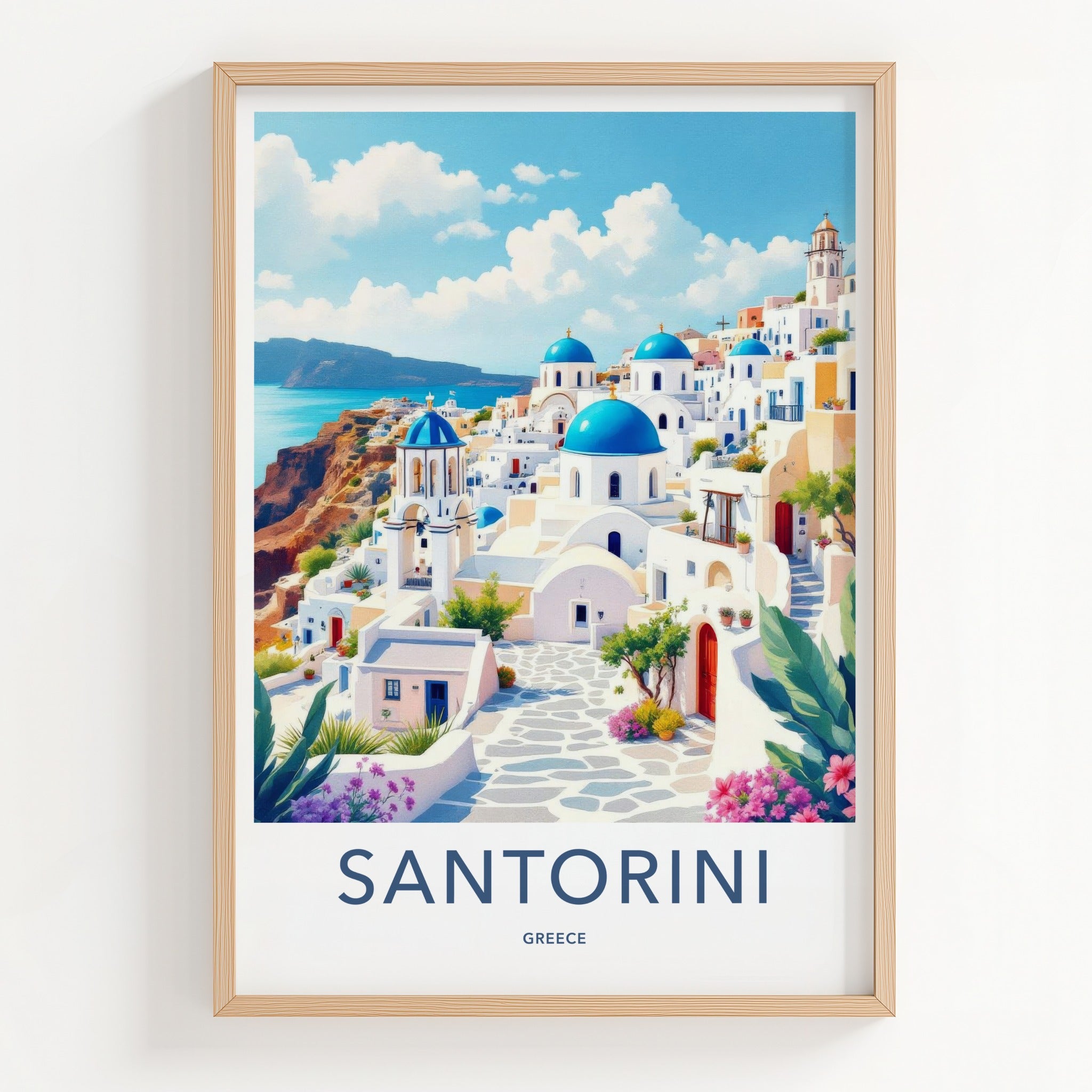 Santorini Poster - Greece Travel Art - Coastal Hillside Mediterranean Decor