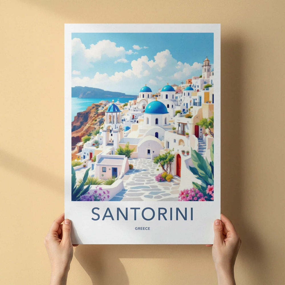 Santorini Poster - Greece Travel Art - Coastal Hillside Mediterranean Decor
