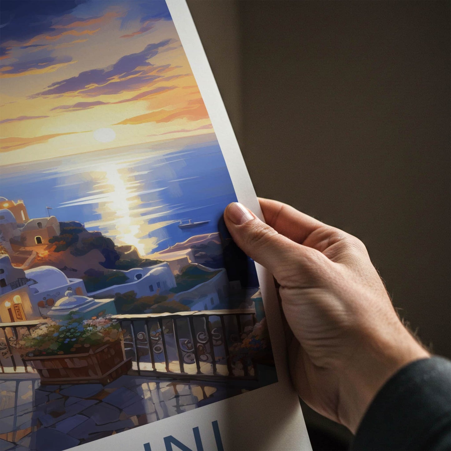 Santorini Poster - Greece Travel Art - Cycladic Cliffside Sunset Home Decor