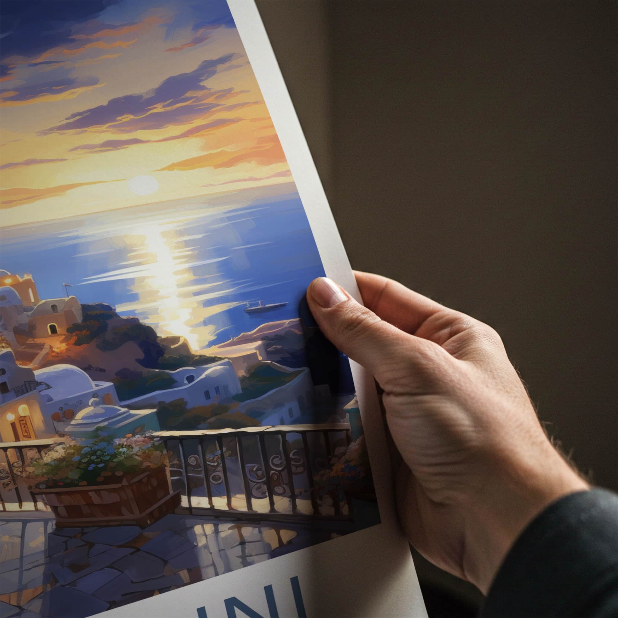 Santorini Poster - Greece Travel Art - Cycladic Cliffside Sunset Home Decor