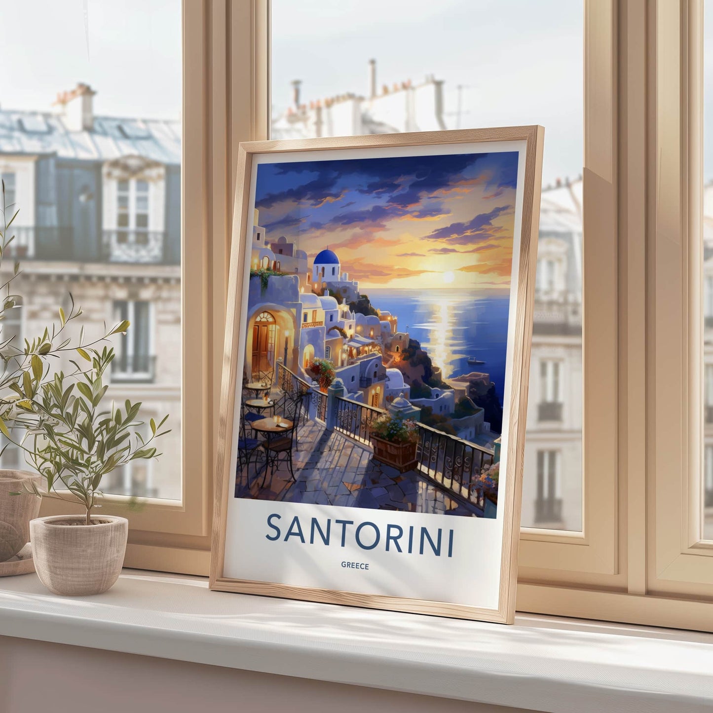 Santorini Poster - Greece Travel Art - Cycladic Cliffside Sunset Home Decor