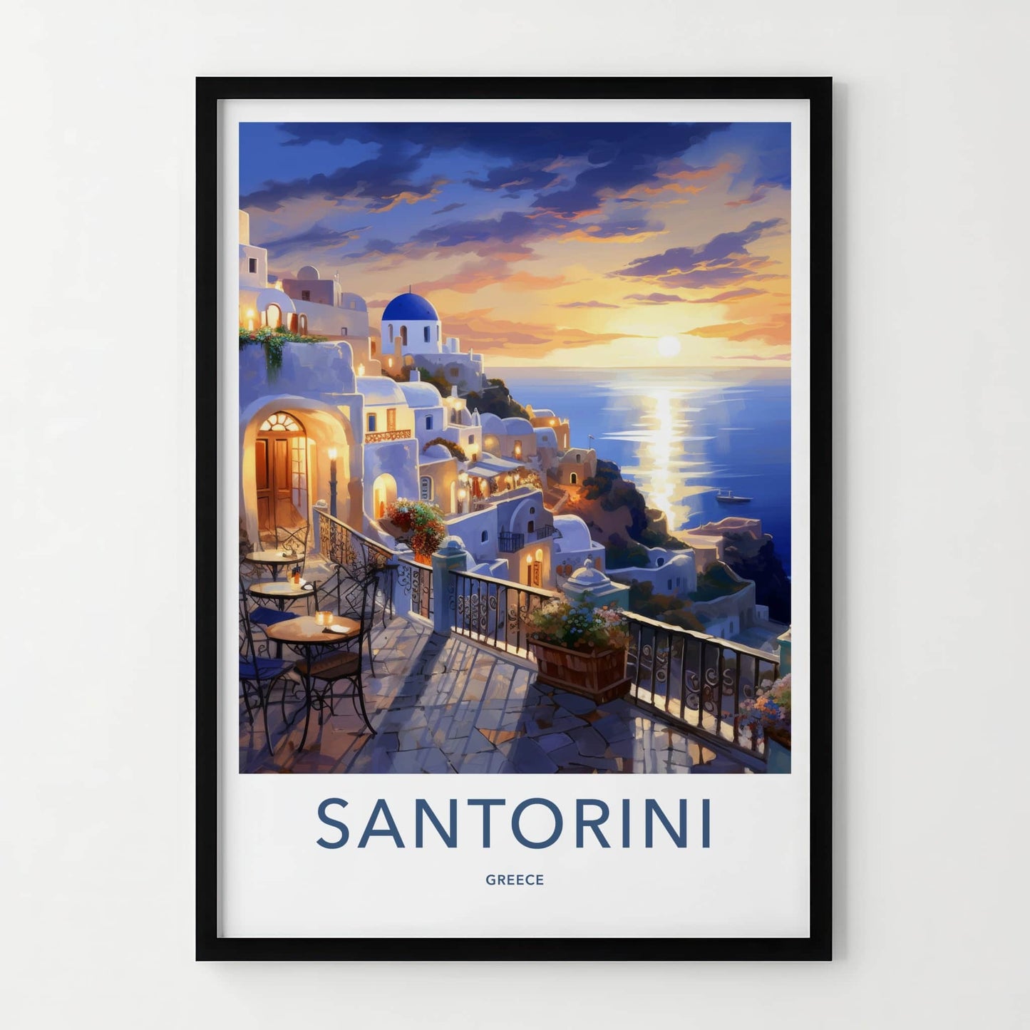 Santorini Poster - Greece Travel Art - Cycladic Cliffside Sunset Home Decor