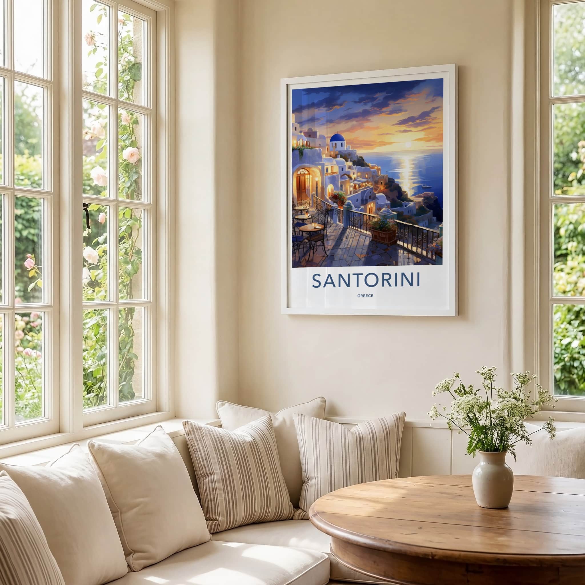 Santorini Poster - Greece Travel Art - Cycladic Cliffside Sunset Home Decor