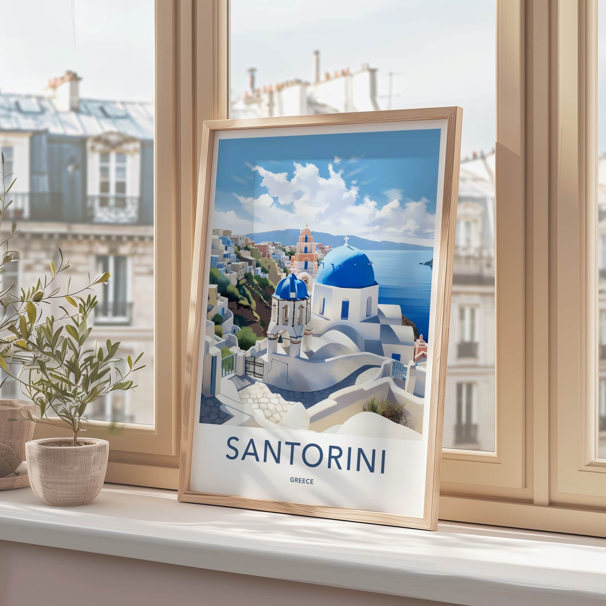 Santorini Poster - Greece Travel Art - Iconic Blue Domes Home Decor