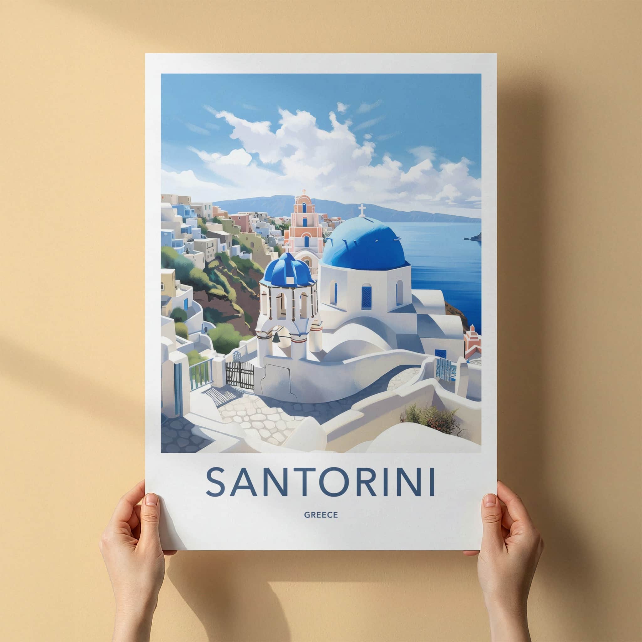 Santorini Poster - Greece Travel Art - Iconic Blue Domes Home Decor