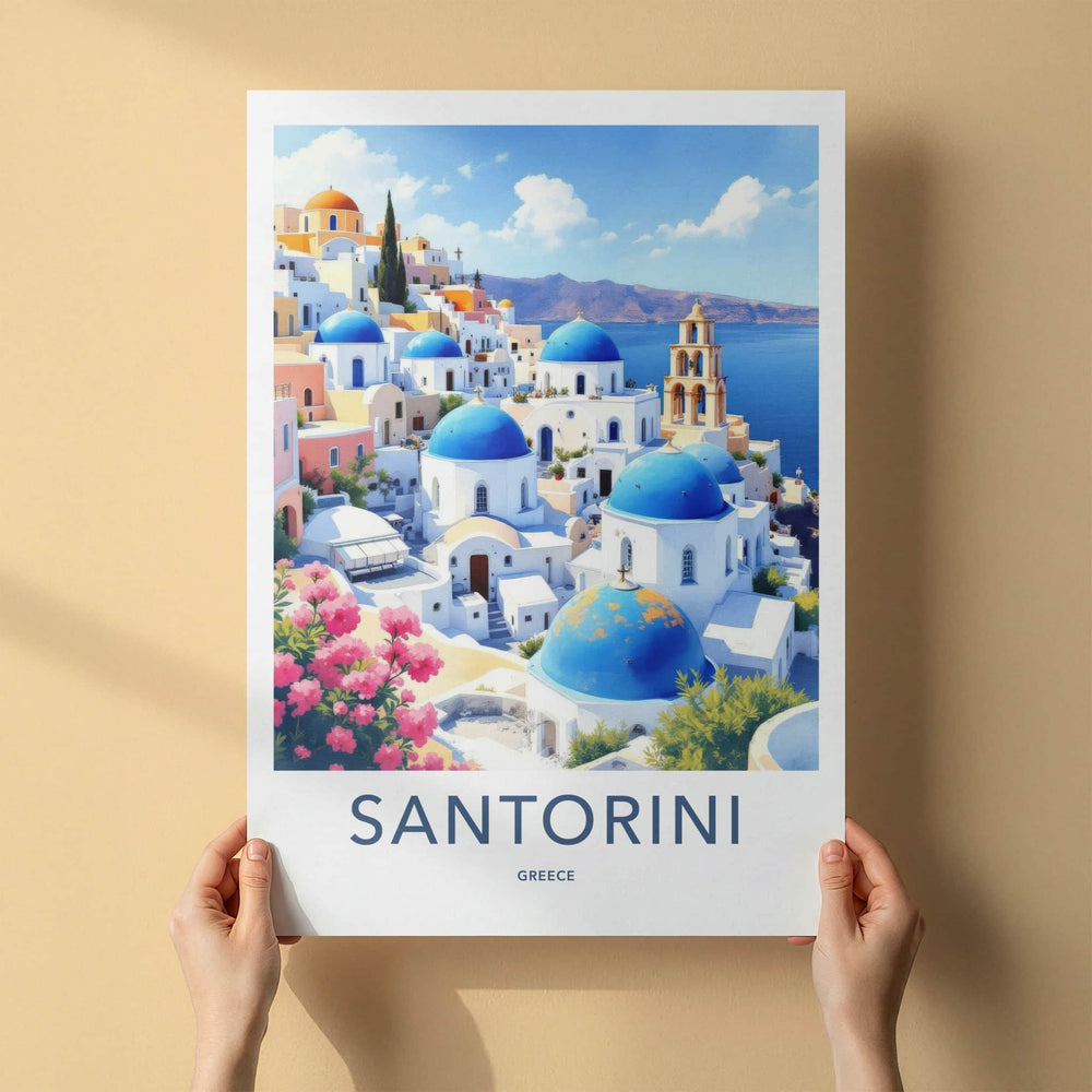 Santorini Poster - Greece Travel Art - Iconic Blue Domes Wall Decor