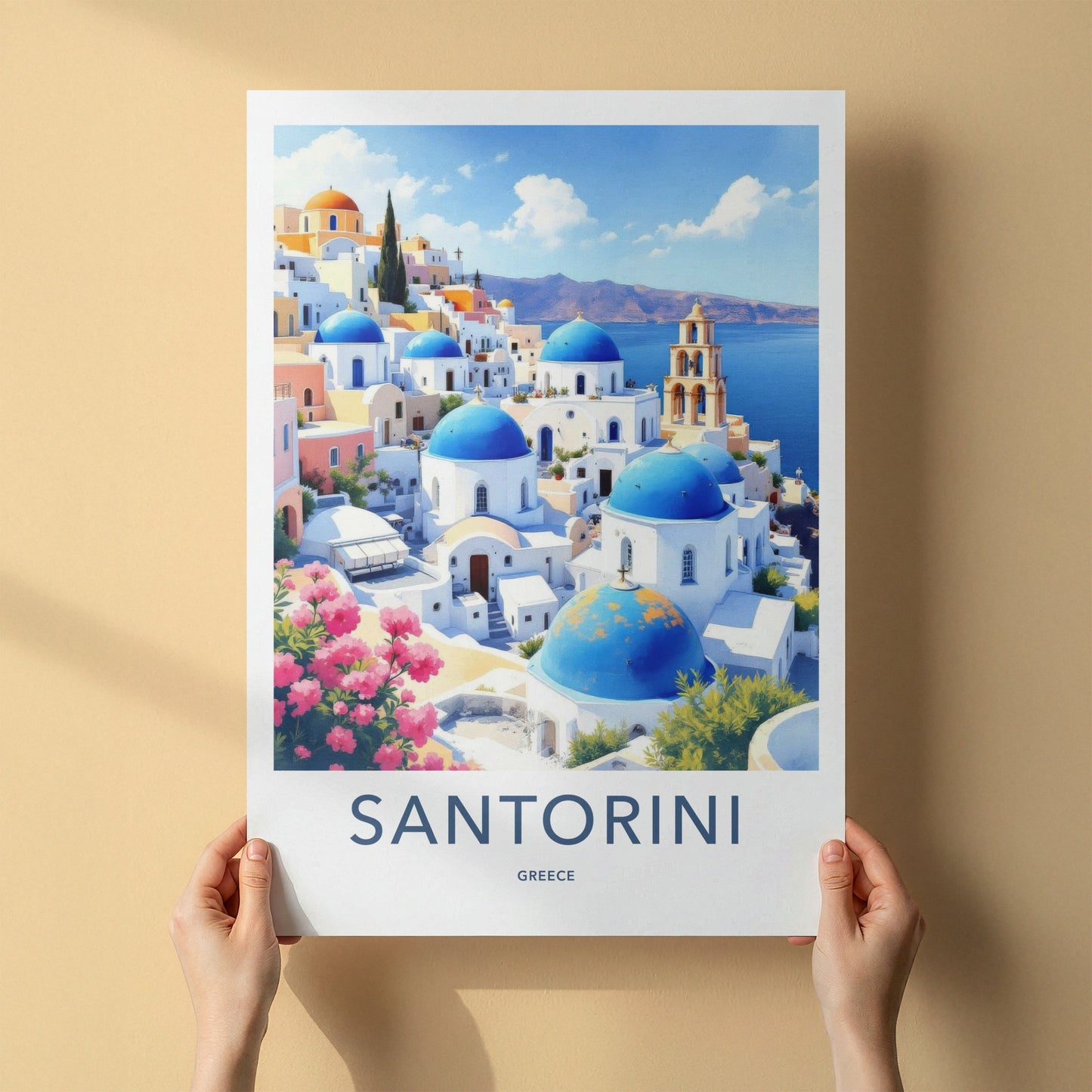Santorini Poster - Greece Travel Art - Iconic Blue Domes Wall Decor